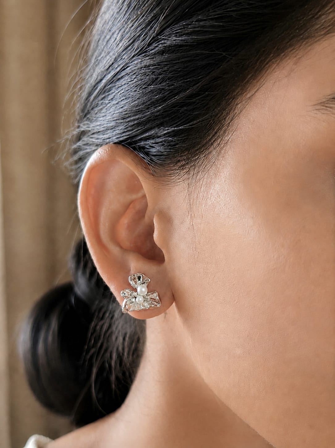 Textured Floral Pearl Accent Silver Studs | AMOLA