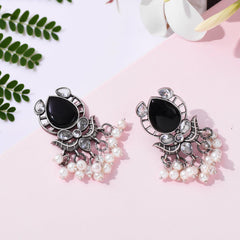 Oxidized Silver Plated Pearl And Stone Studded Earring - Sarichka Fashion