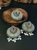 Designer Silver Replica Pearl Drops Stud Earrings & Adjustable Ring | Sarichka