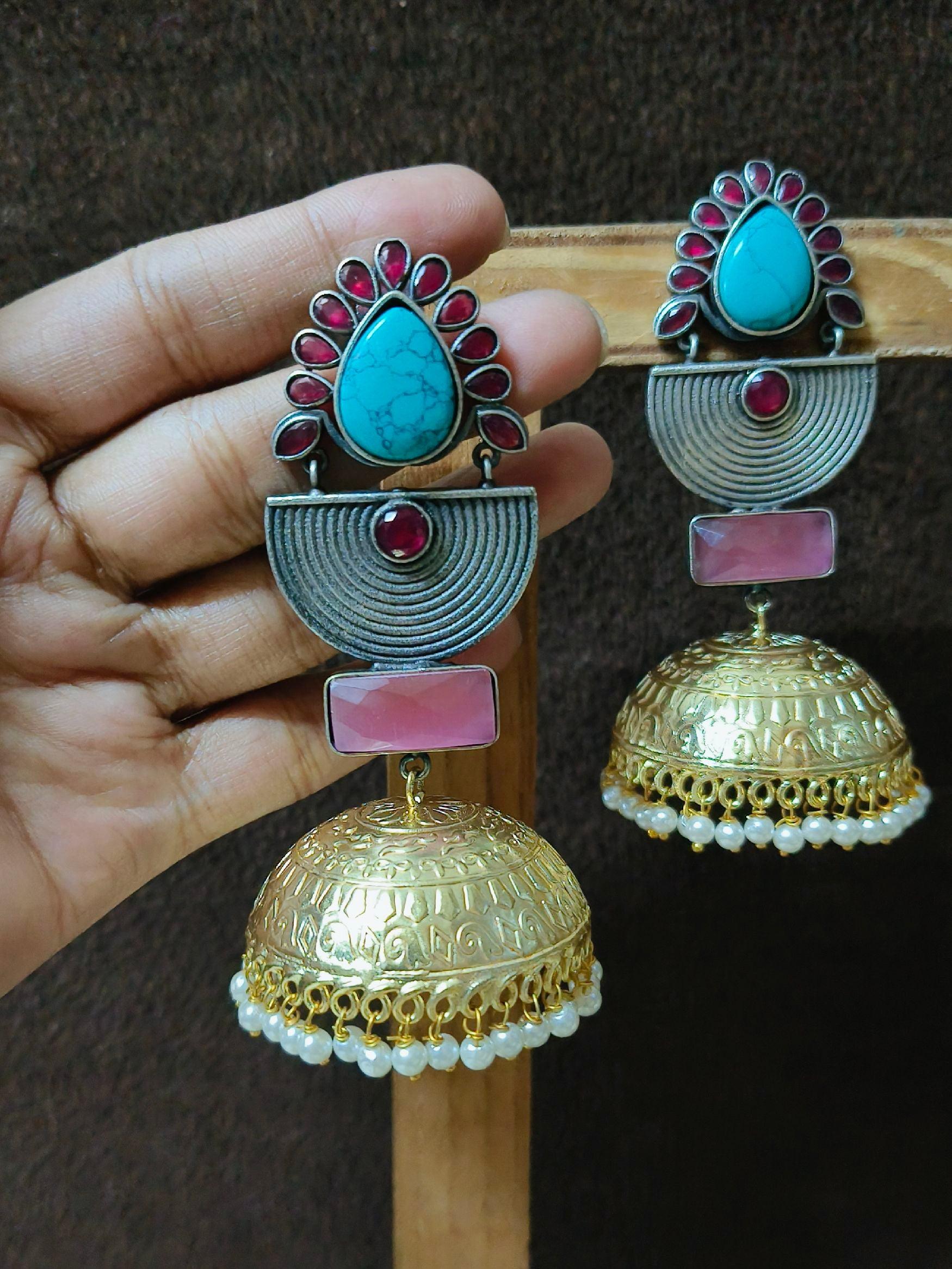 Stone Oxidized long Jhumka