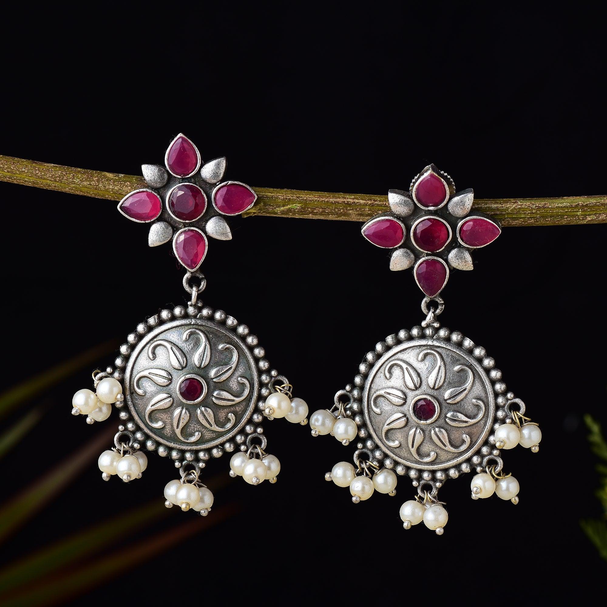 Pearls & Stone Studded Floral Style Dangler Earring - Sarichka Fashion