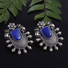 Trendy Stone Studded Brass Oxidized Silver Earring - Sarichka Fashion