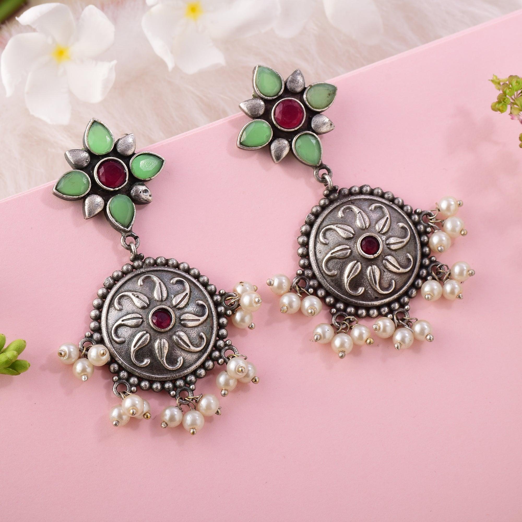 Pearls & Stone Studded Floral Style Dangler Earring - Sarichka Fashion