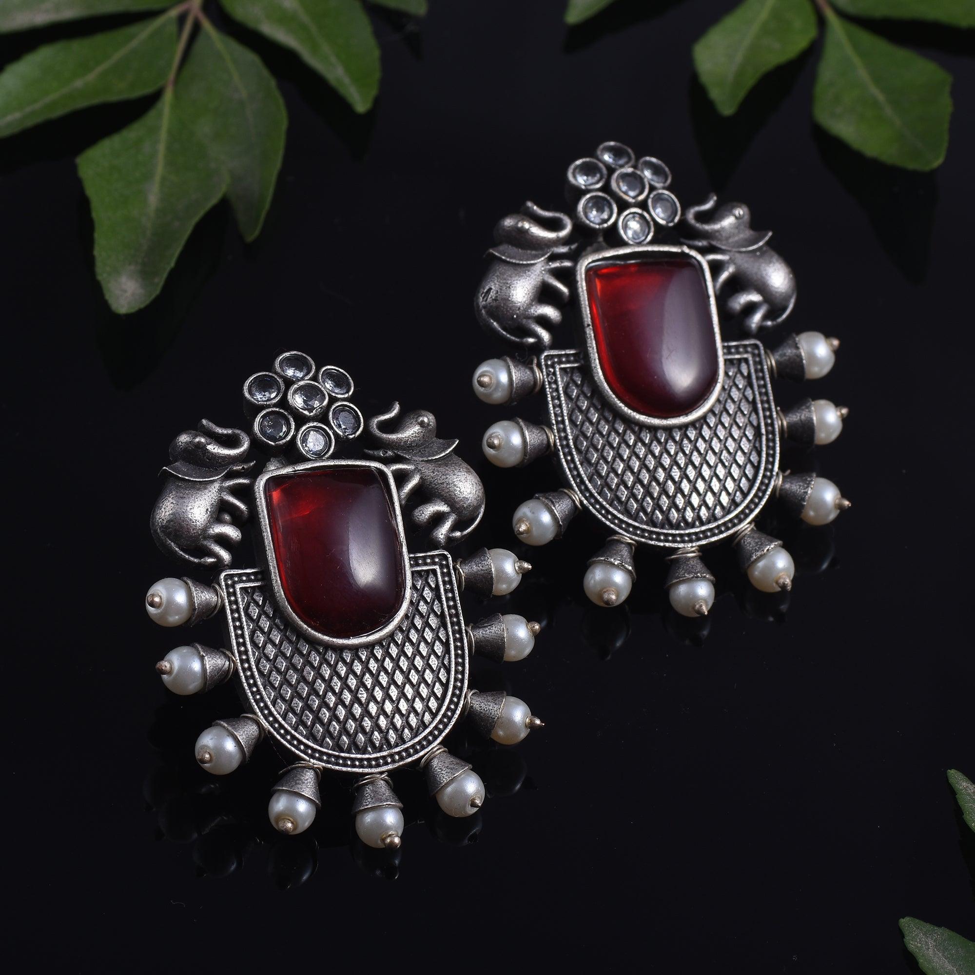 Trendy Stone Studded Brass Oxidized Silver Earring - Sarichka Fashion