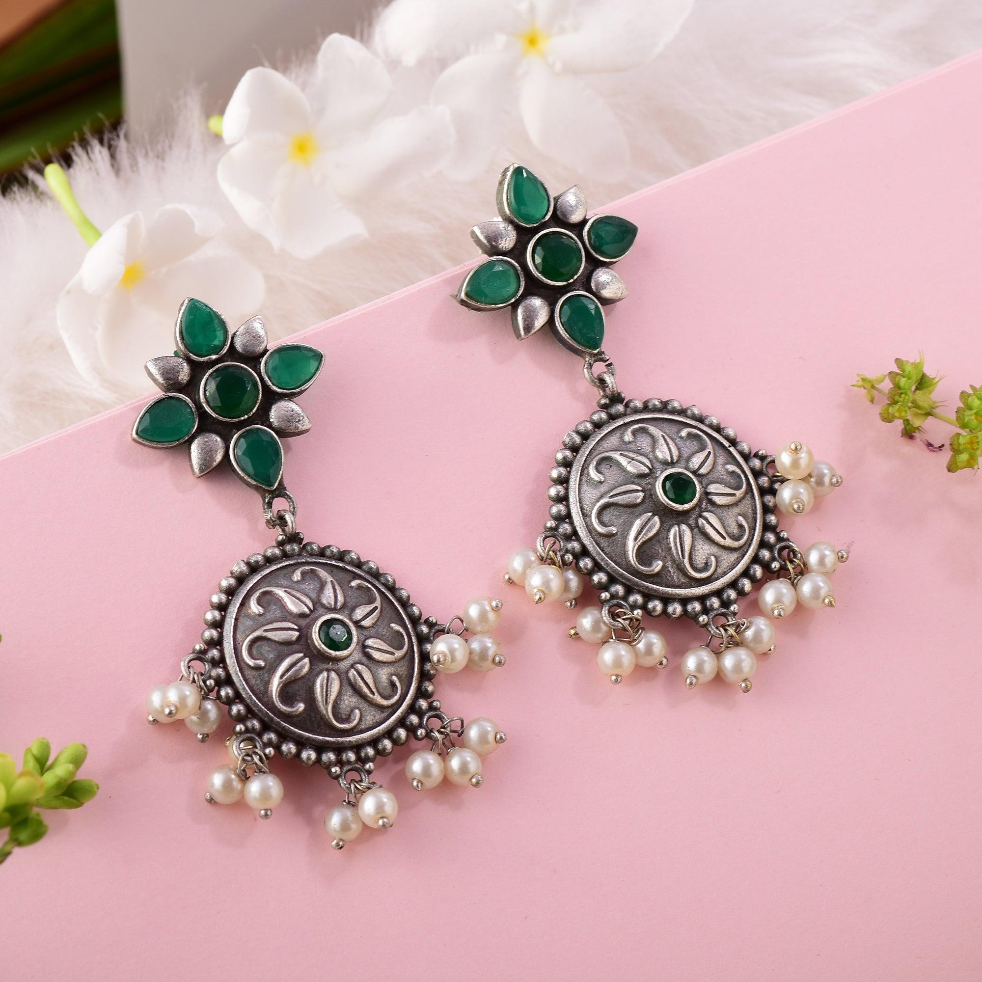 Pearls & Stone Studded Floral Style Dangler Earring - Sarichka Fashion