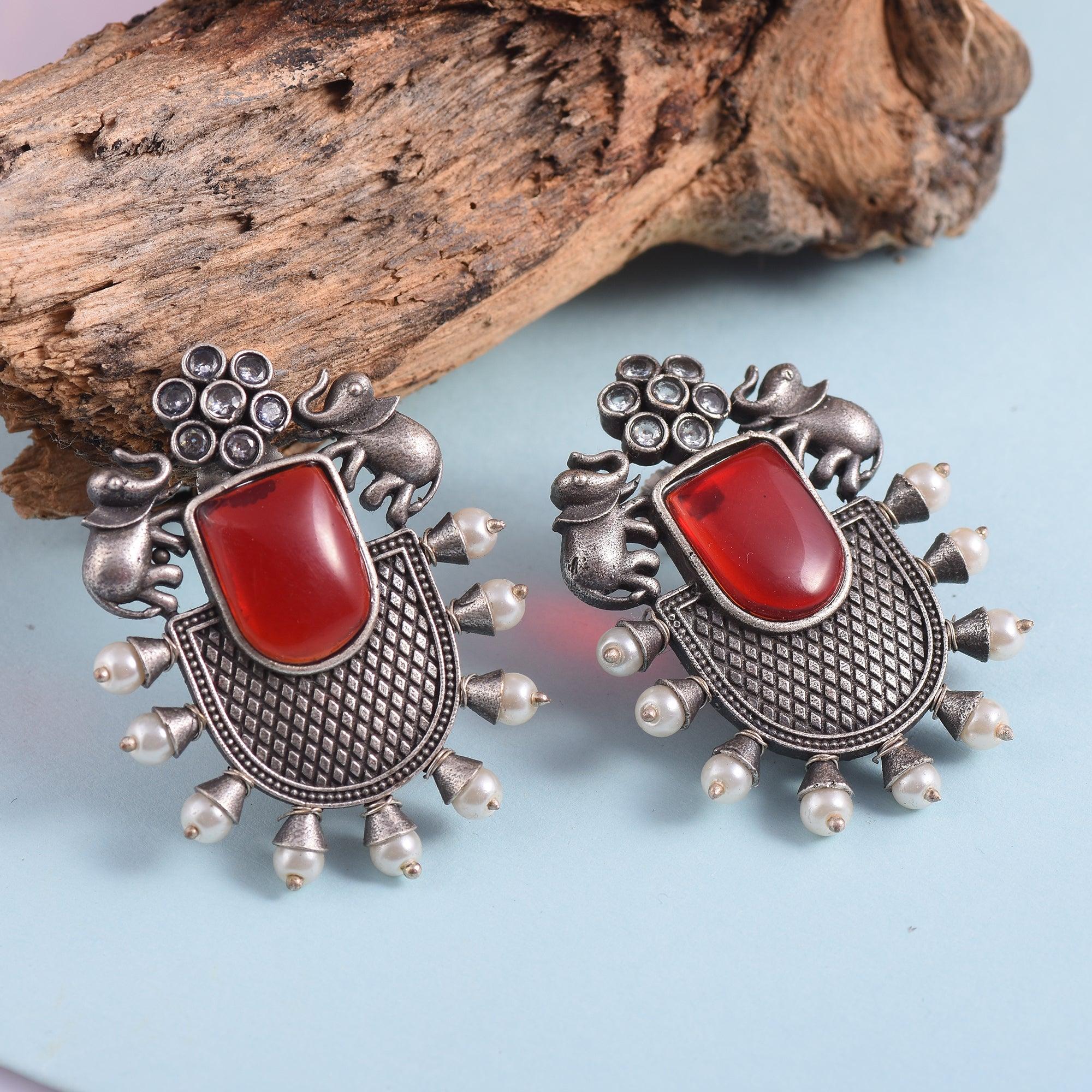 Trendy Stone Studded Brass Oxidized Silver Earring - Sarichka Fashion