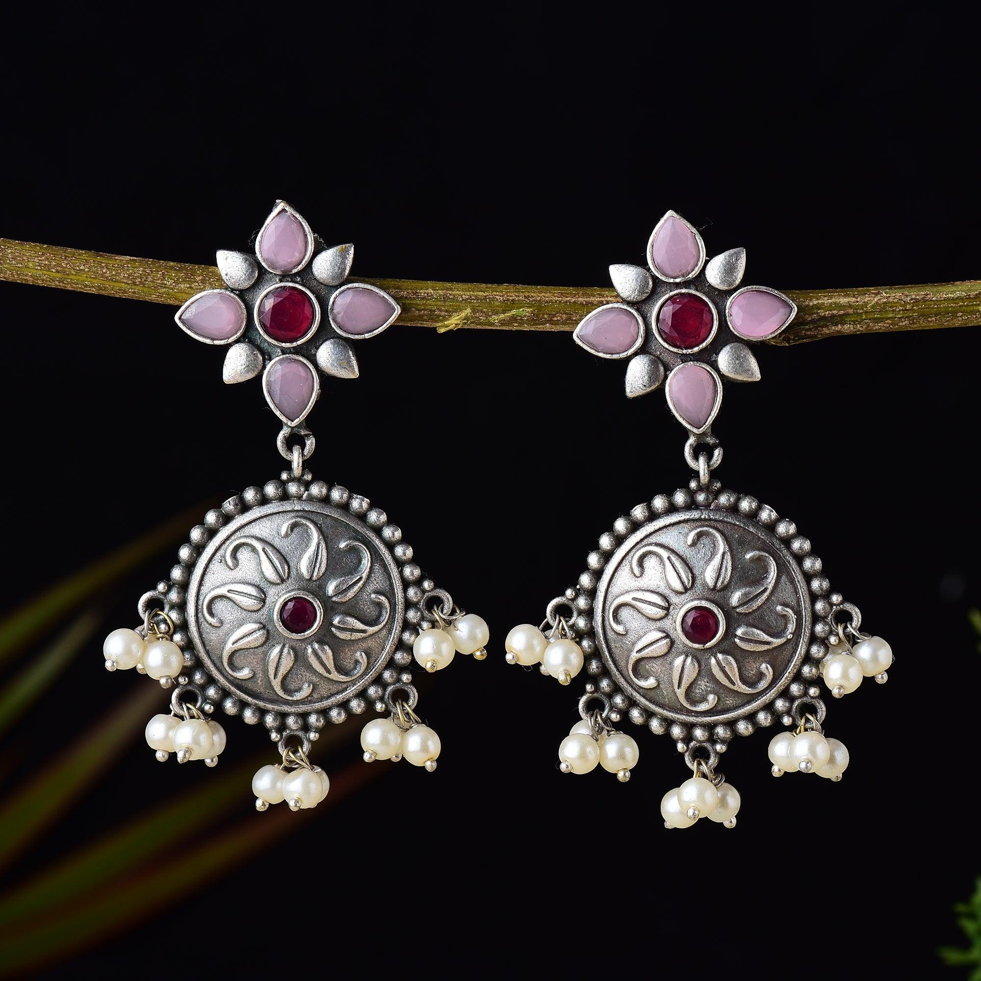 Pearls & Stone Studded Floral Style Dangler Earring - Sarichka Fashion