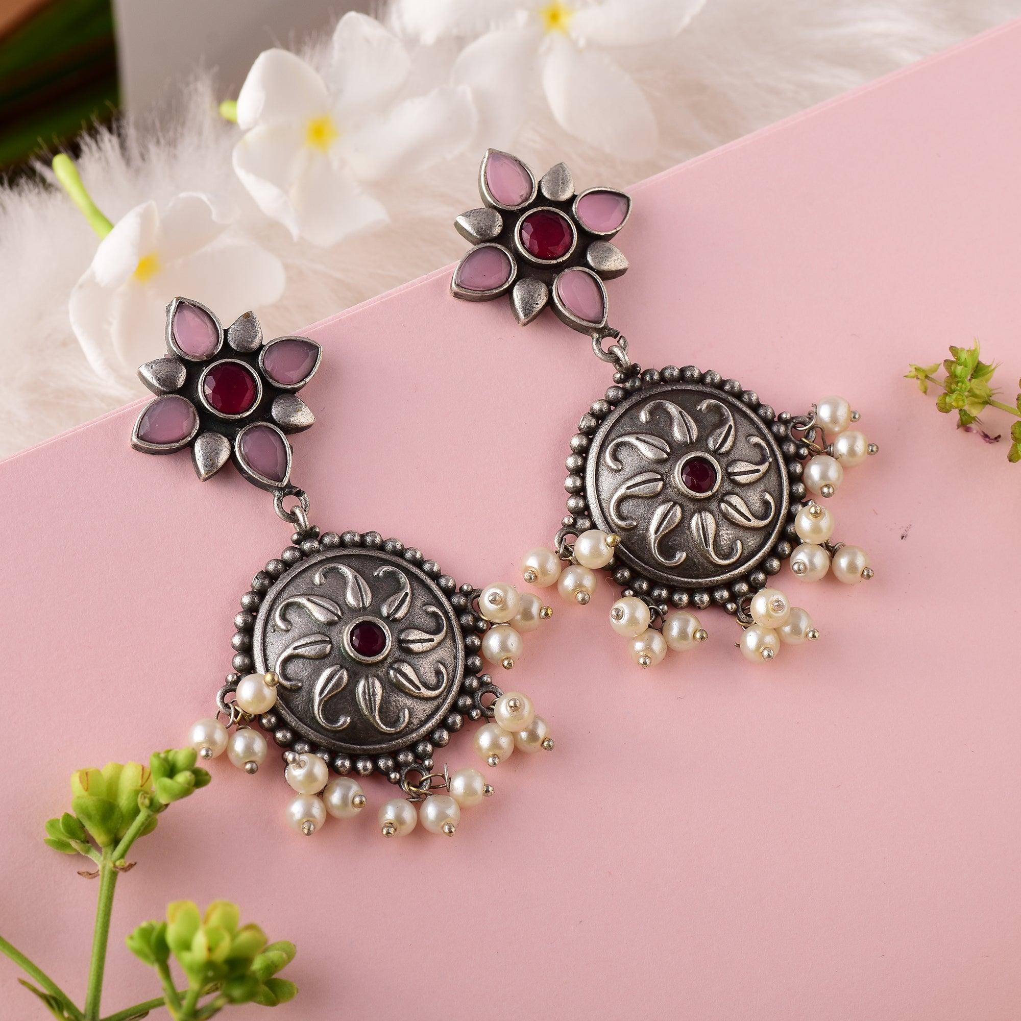 Pearls & Stone Studded Floral Style Dangler Earring - Sarichka Fashion