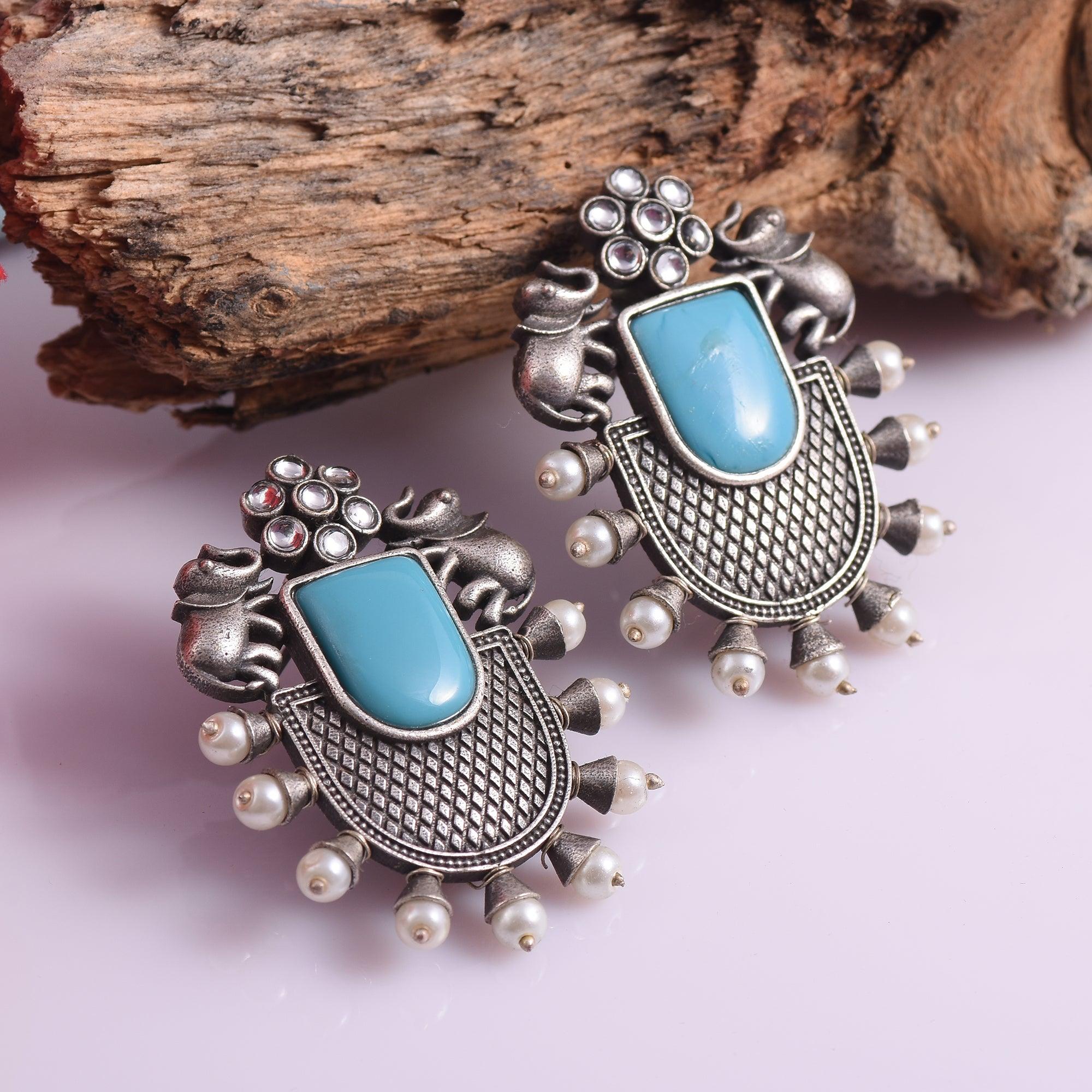 Trendy Stone Studded Brass Oxidized Silver Earring - Sarichka Fashion