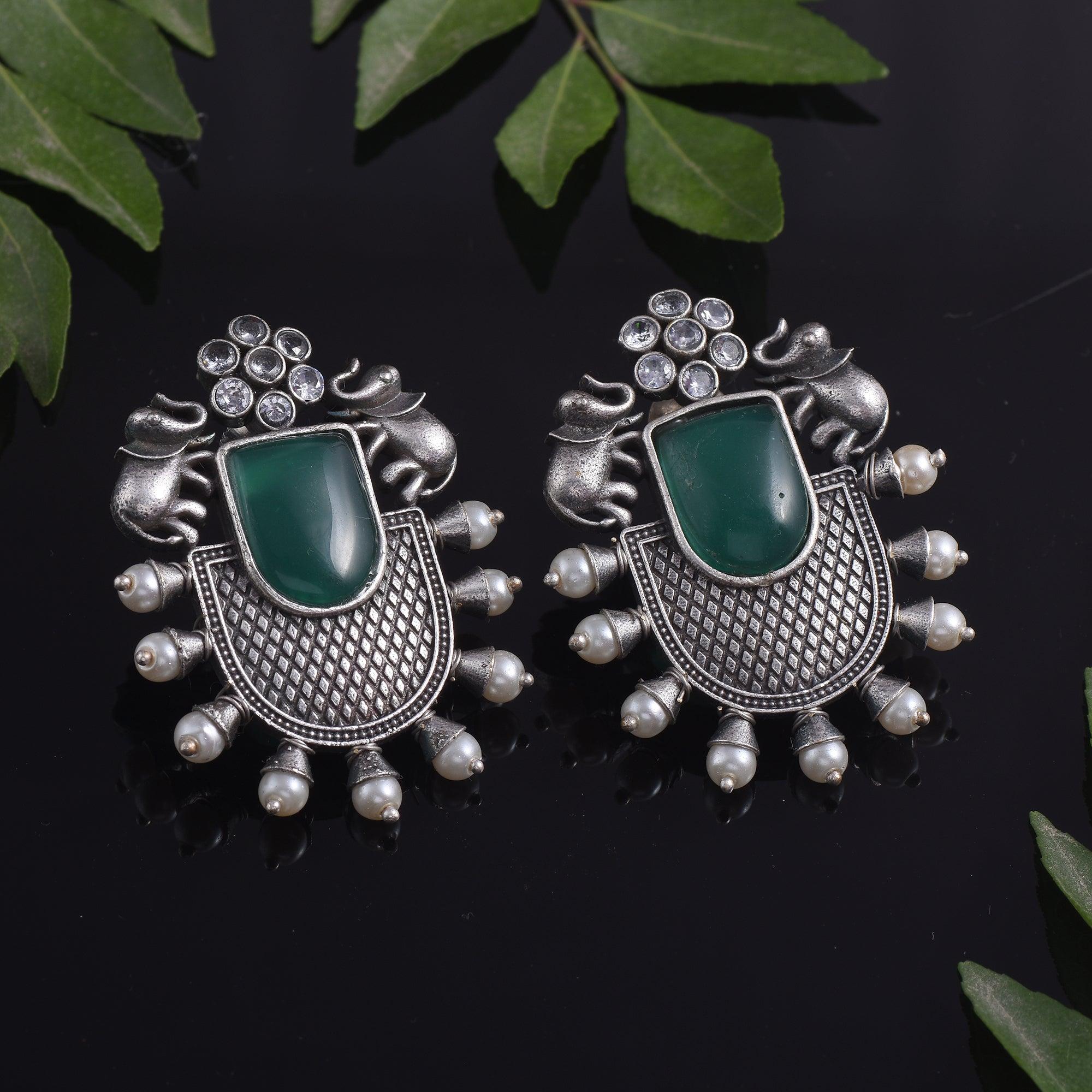 Trendy Stone Studded Brass Oxidized Silver Earring - Sarichka Fashion