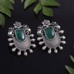 Trendy Stone Studded Brass Oxidized Silver Earring - Sarichka Fashion