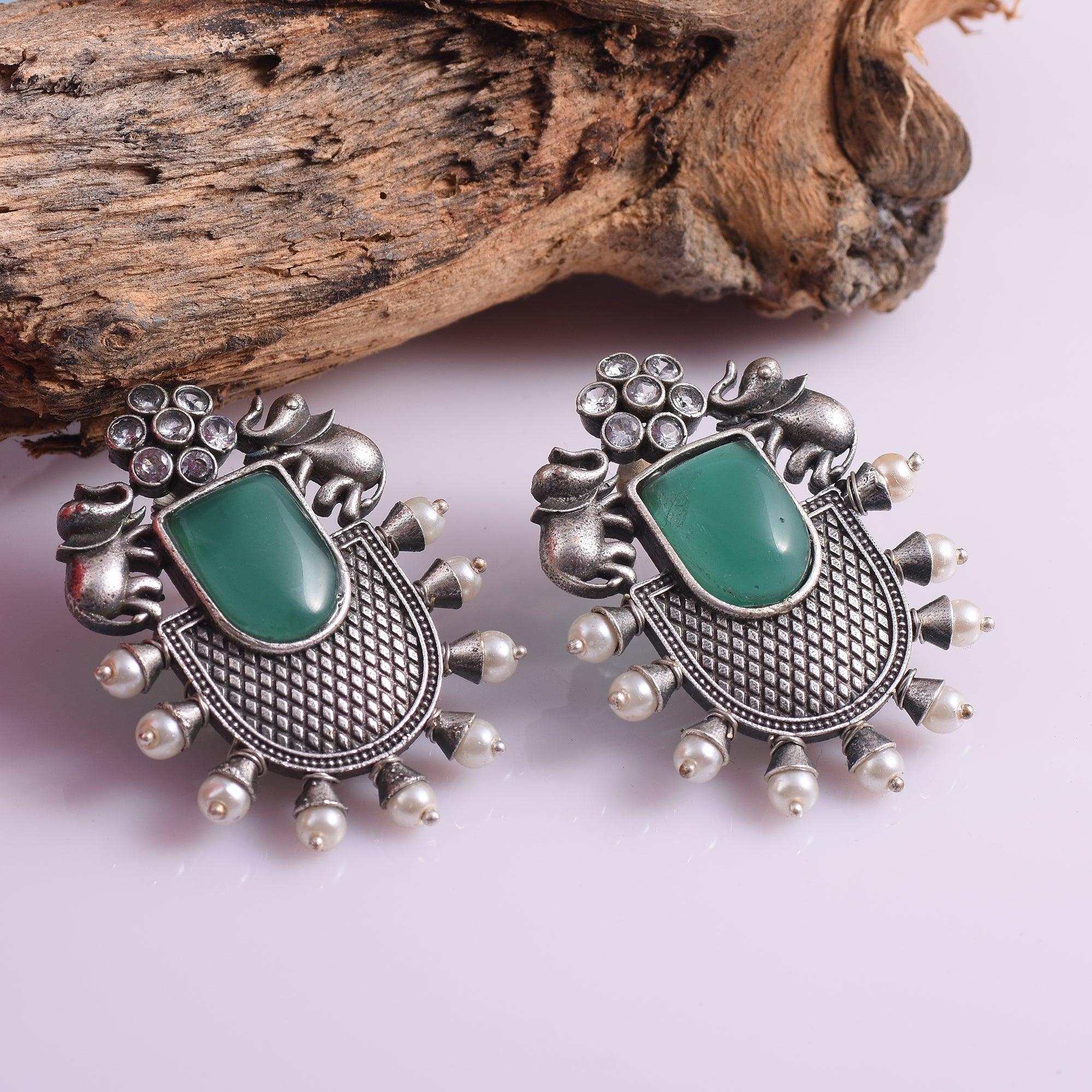 Trendy Stone Studded Brass Oxidized Silver Earring - Sarichka Fashion