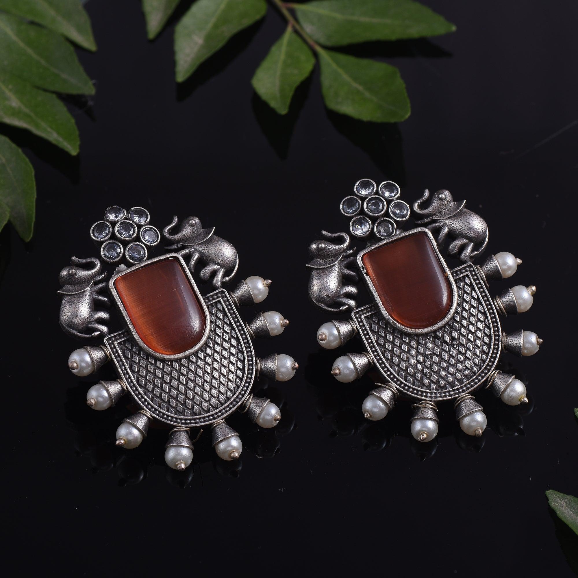 Trendy Stone Studded Brass Oxidized Silver Earring - Sarichka Fashion