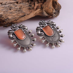 Trendy Stone Studded Brass Oxidized Silver Earring - Sarichka Fashion