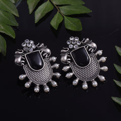 Trendy Stone Studded Brass Oxidized Silver Earring - Sarichka Fashion