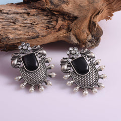 Trendy Stone Studded Brass Oxidized Silver Earring - Sarichka Fashion