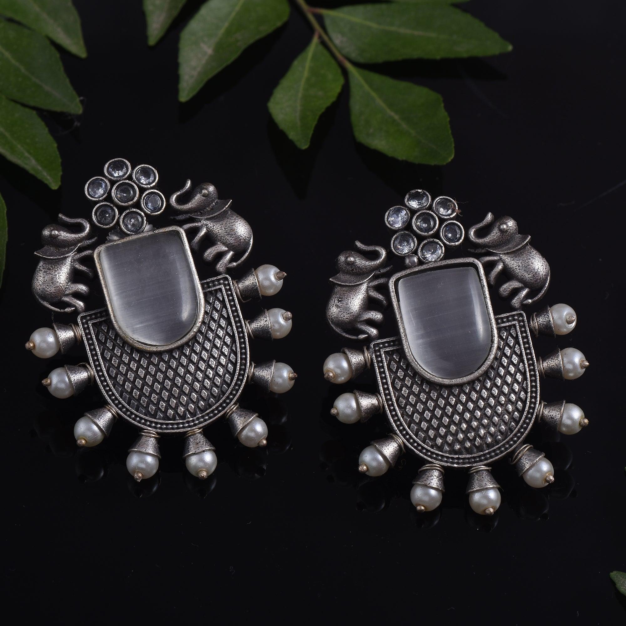 Trendy Stone Studded Brass Oxidized Silver Earring - Sarichka Fashion