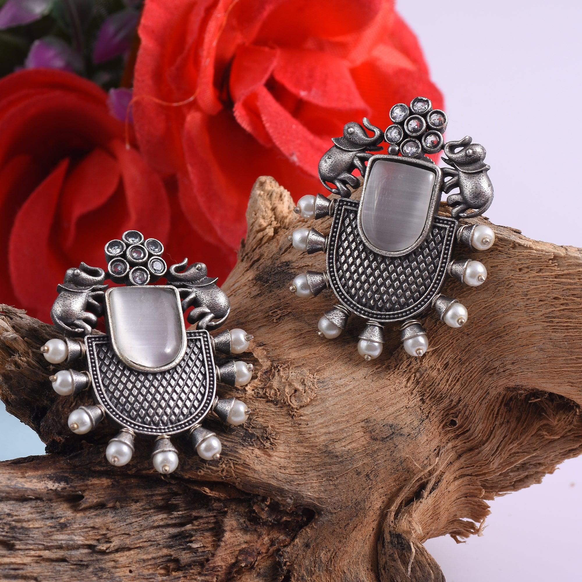 Trendy Stone Studded Brass Oxidized Silver Earring - Sarichka Fashion