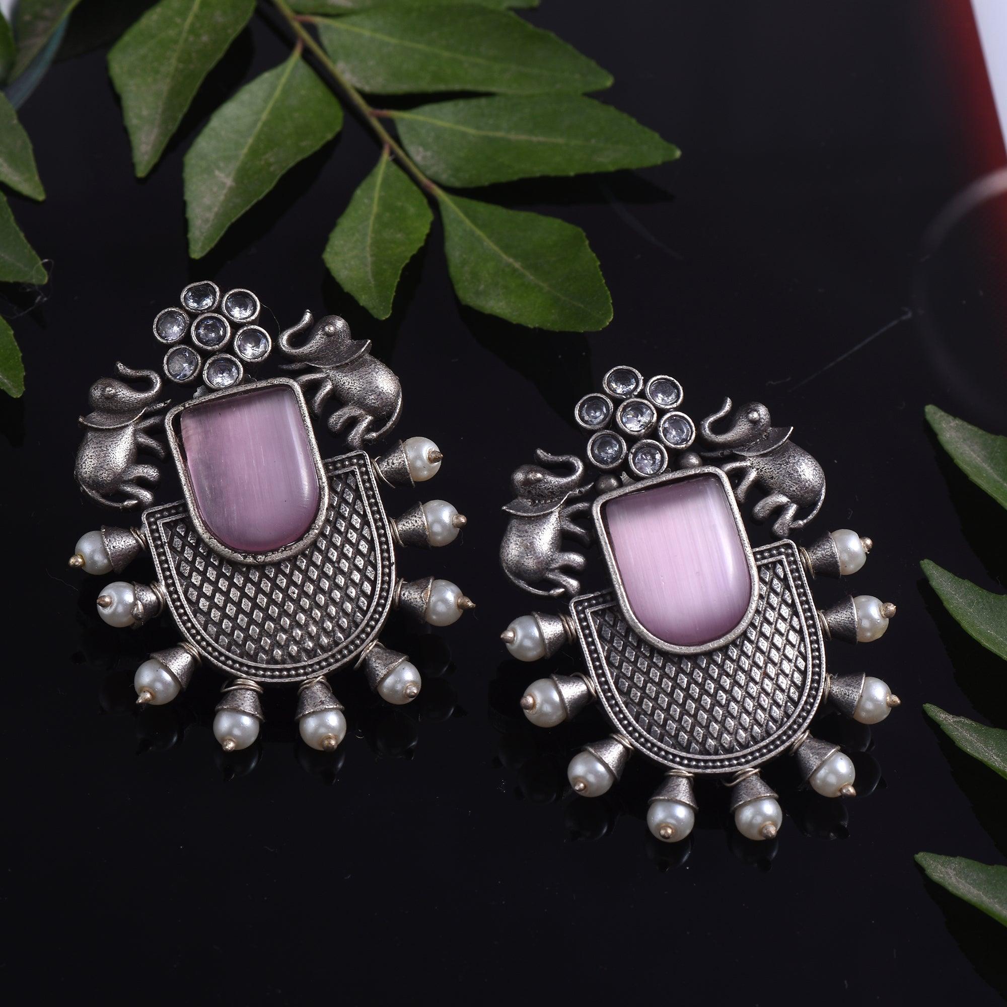 Trendy Stone Studded Brass Oxidized Silver Earring - Sarichka Fashion