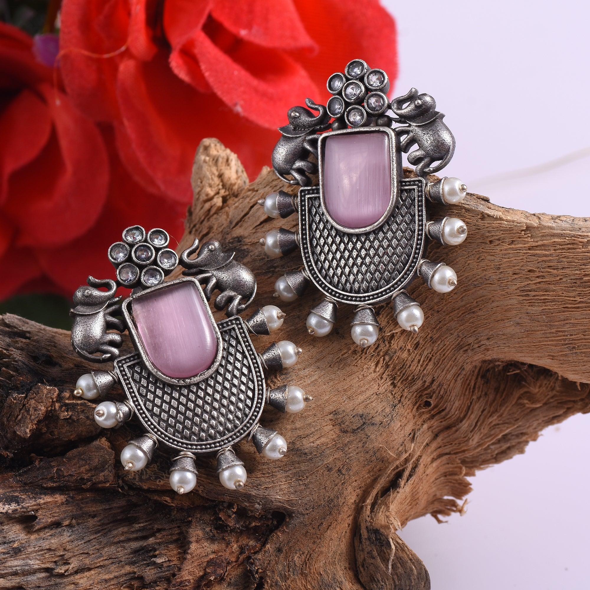 Trendy Stone Studded Brass Oxidized Silver Earring - Sarichka Fashion