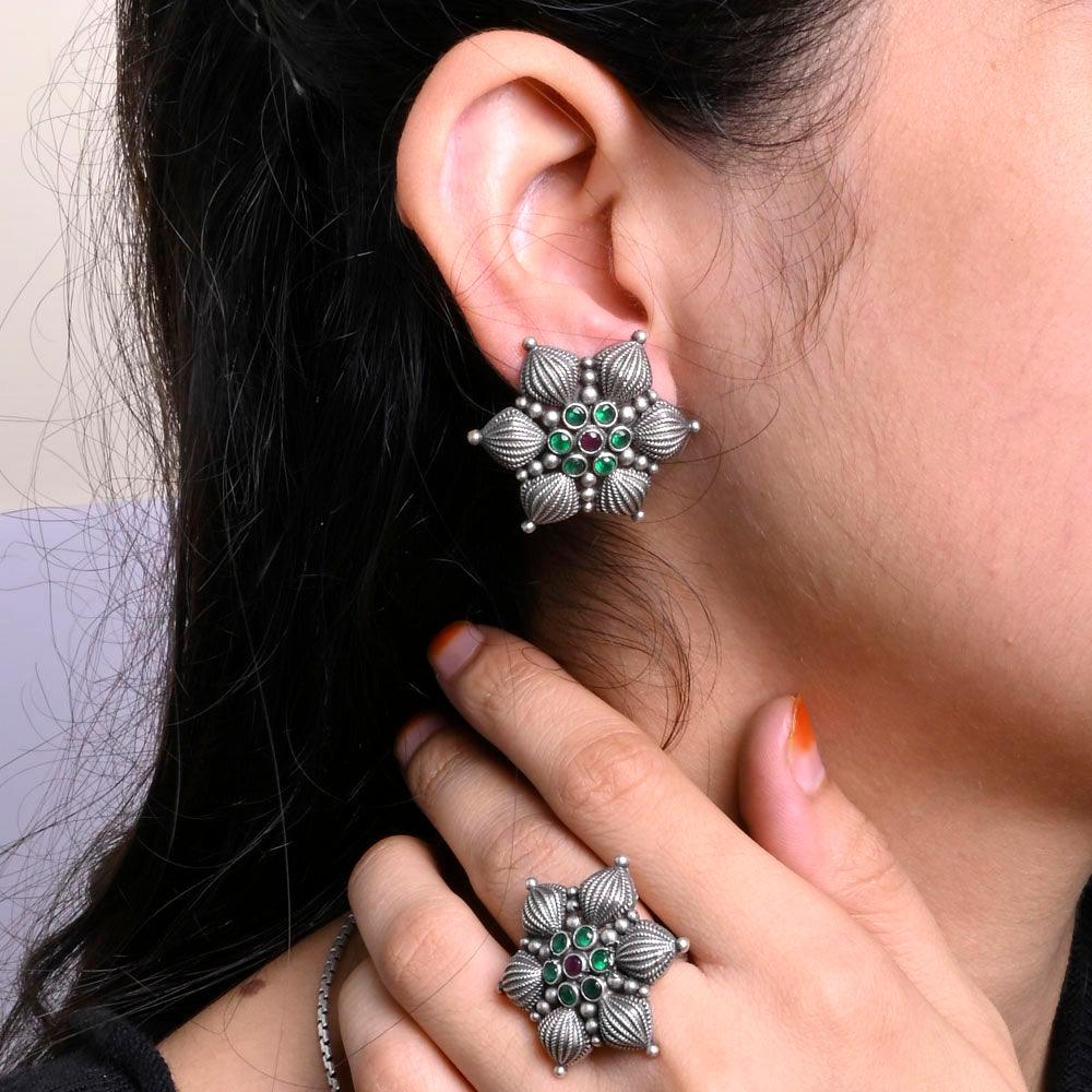 Oxidized silver earrings and ring 