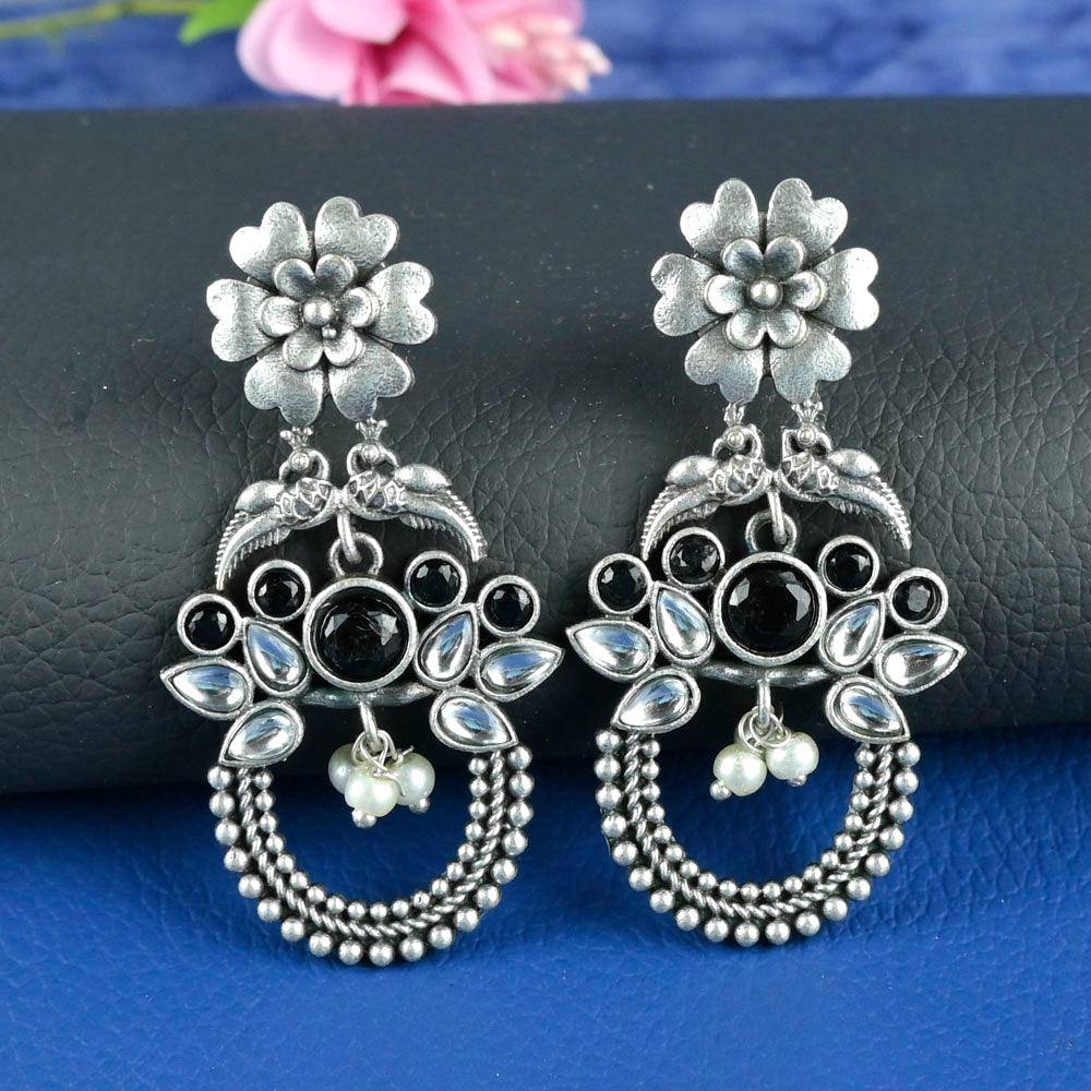 Stone & Pearls Oxidized Silver Plated Dangler Earring Partywear - Sarichka Fashion