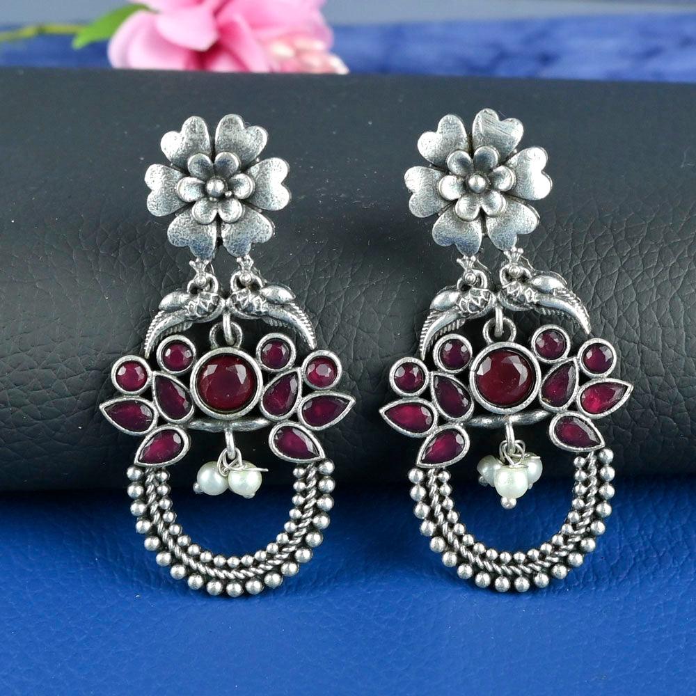 Stone & Pearls Oxidized Silver Plated Dangler Earring Partywear - Sarichka Fashion