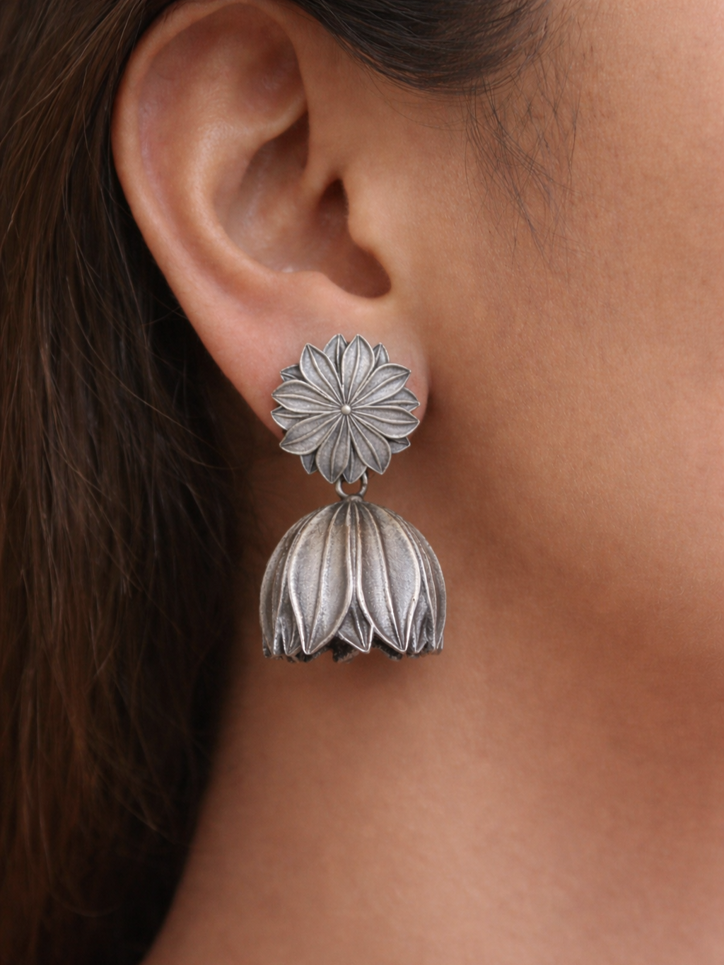 Floral  Oxidized Lotus Jhumka Earrings | AMOLA