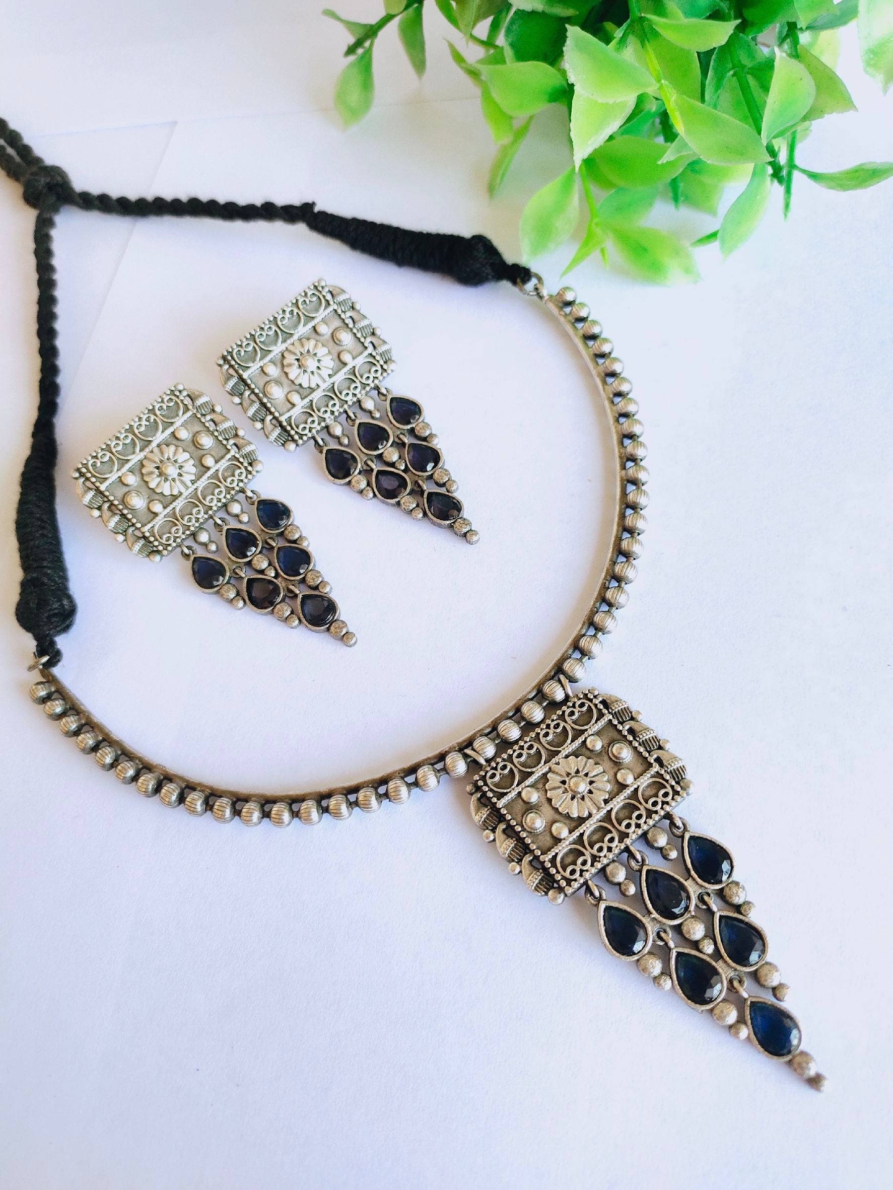925 Silver Plated Hasli Necklace with Danglers | Sarichka Fashion