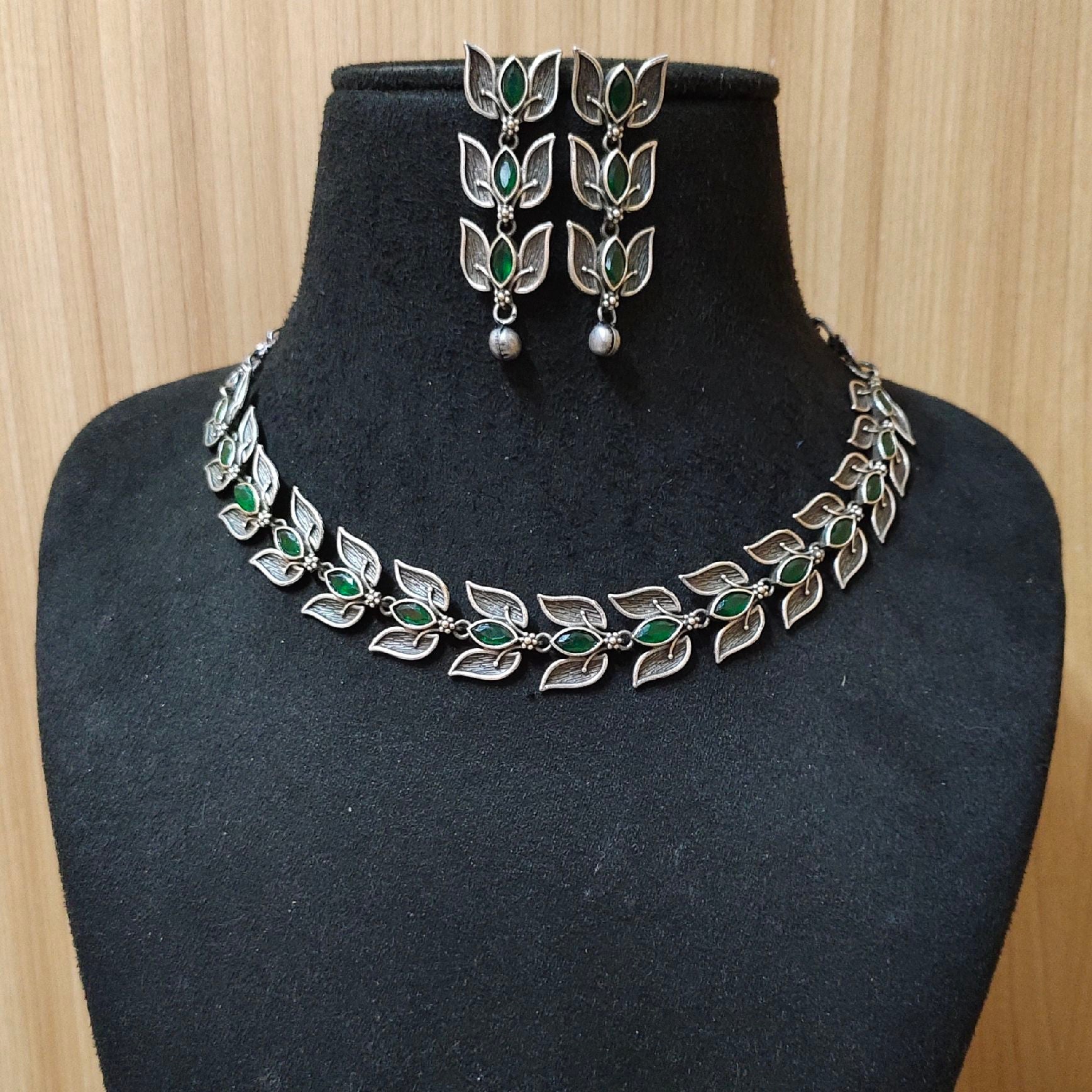 Silver Look Leaf Necklace with Dangler Earrings | Sarichka Fashion