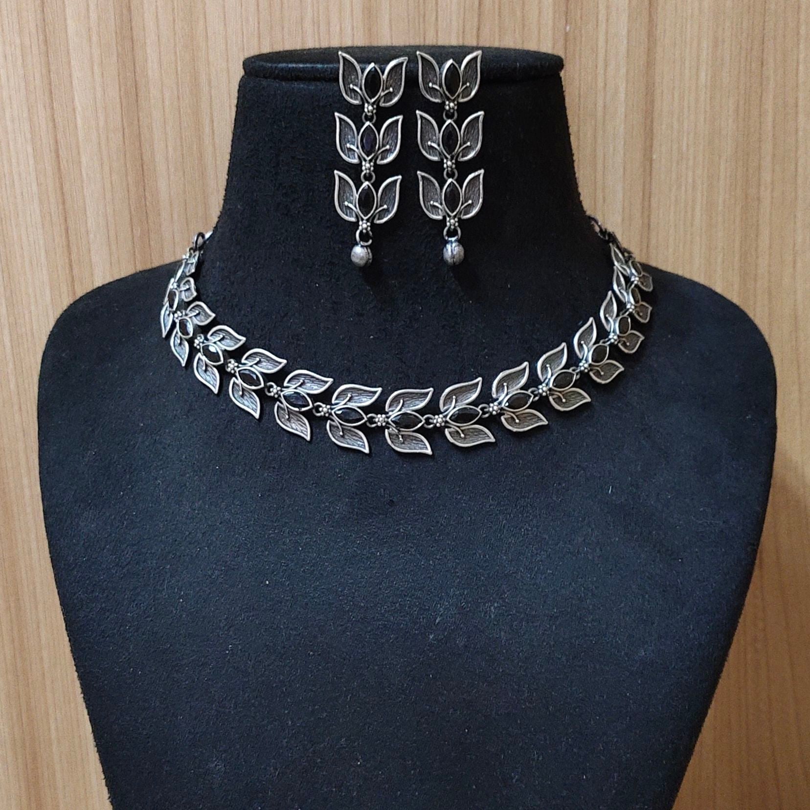 Silver Look Leaf Necklace with Dangler Earrings | Sarichka Fashion