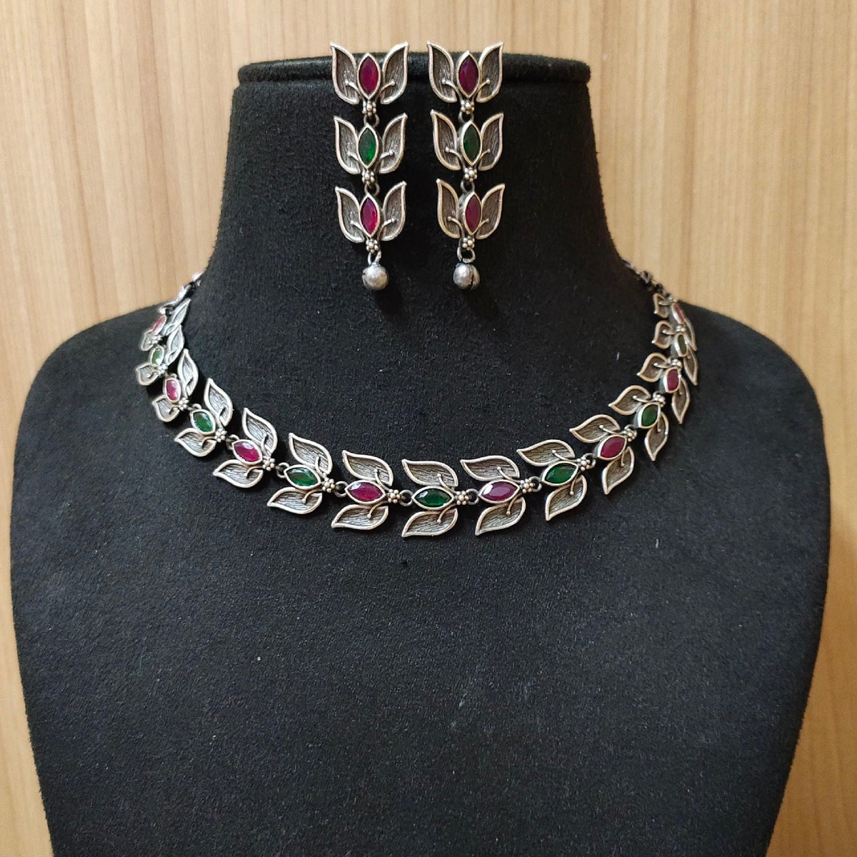 Silver Look Leaf Necklace with Dangler Earrings | Sarichka Fashion