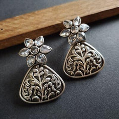 Oxidized Silver Plate Stone Studded Earring - Sarichka Fashion