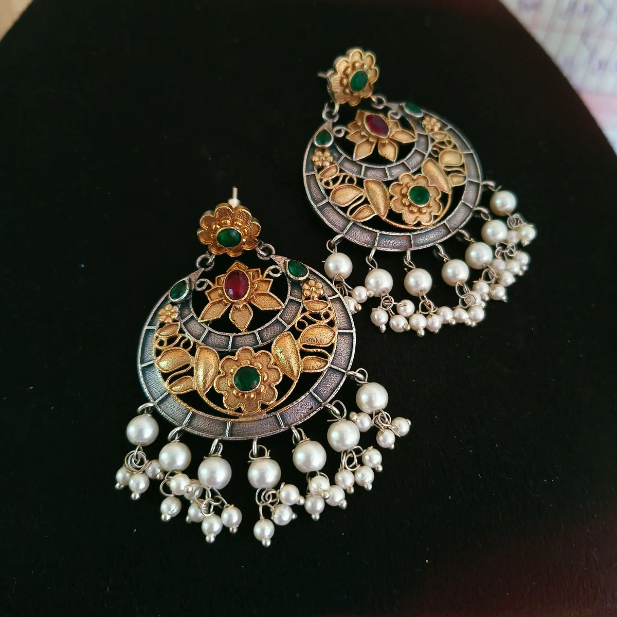 Dual Tone Oxidised Pearl Drop Chandbalis | Sarichka