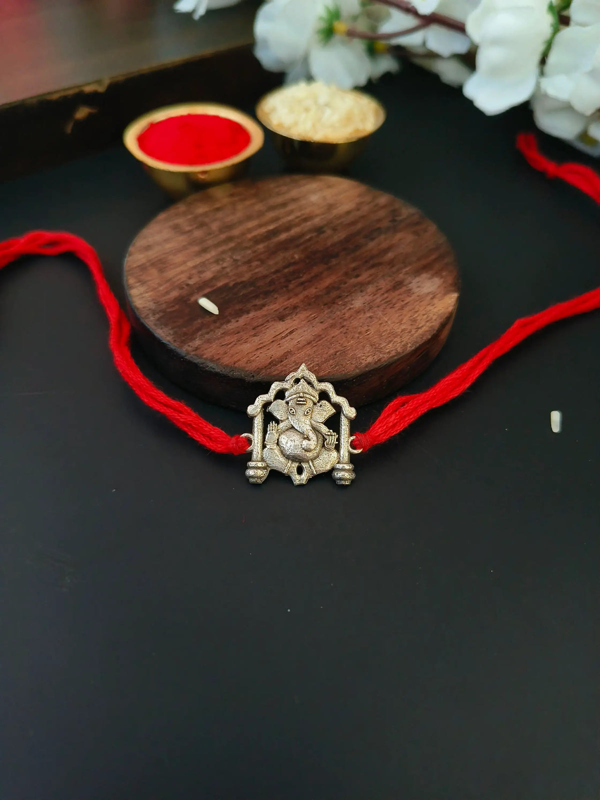 Antique Ganesha Temple Rakhi in Silver Finish | AMOLA