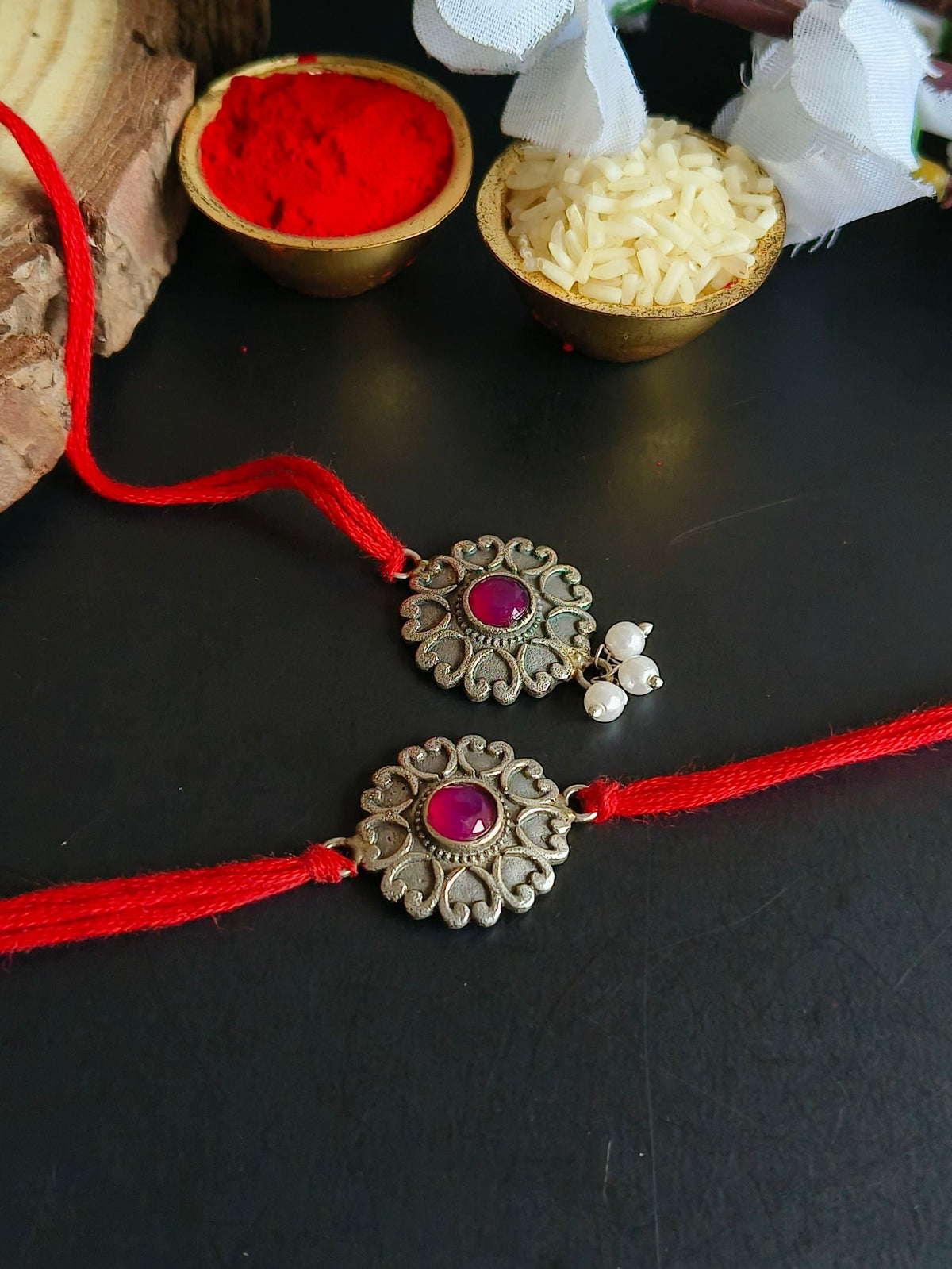 Antique Floral Bhaiya-Bhabhi Rakhi Combo with Red Stone | AMOLA