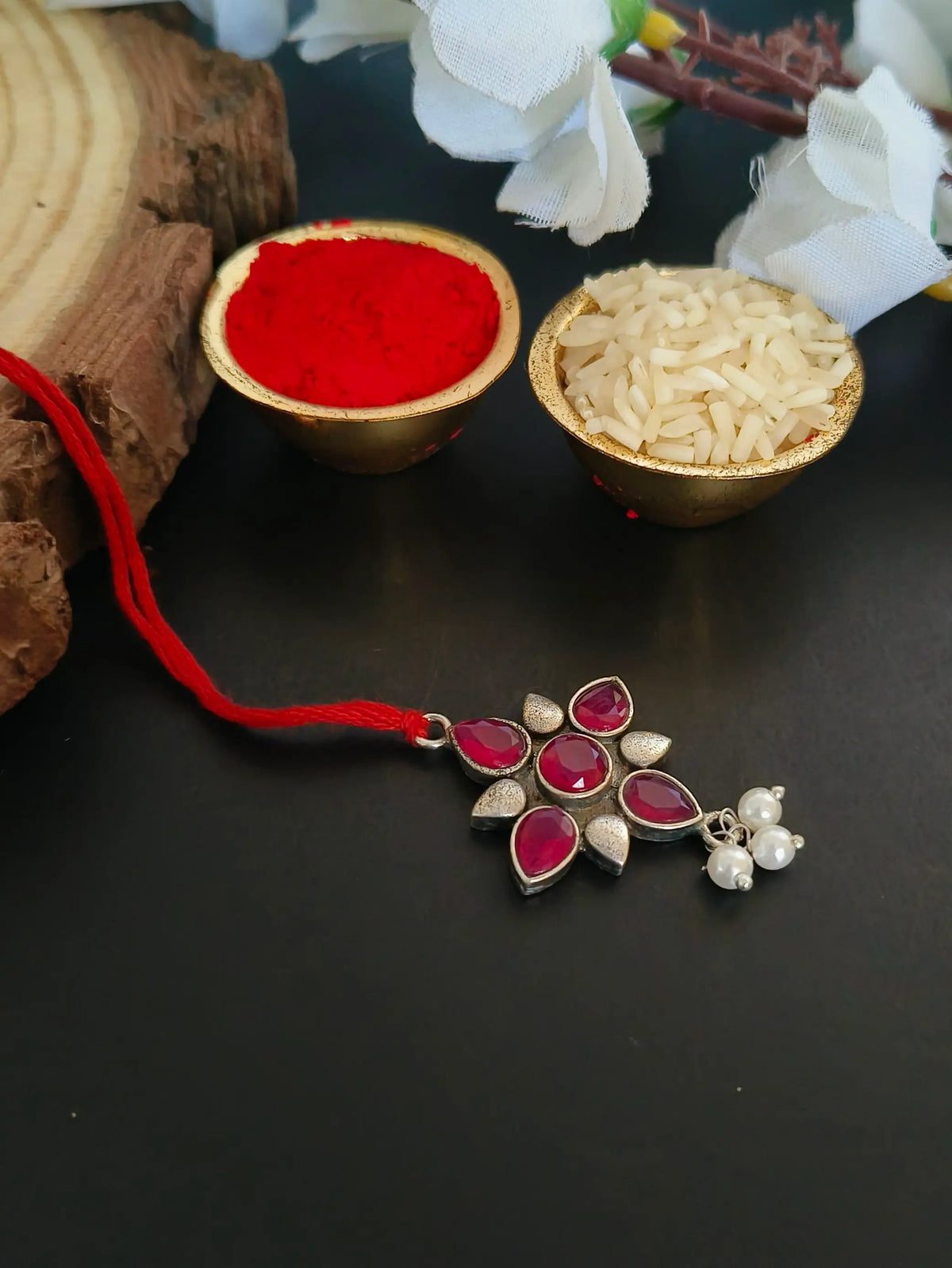 Pearl Drop Red Stone Lumba Rakhi Design | AMOLA