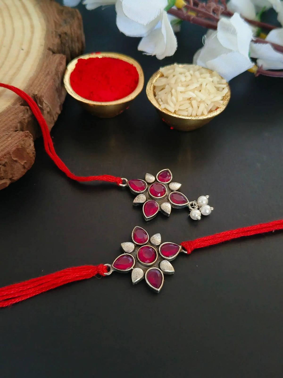 Oxidised Red Stone Bhaiya Bhabhi Rakhi Set | AMOLA