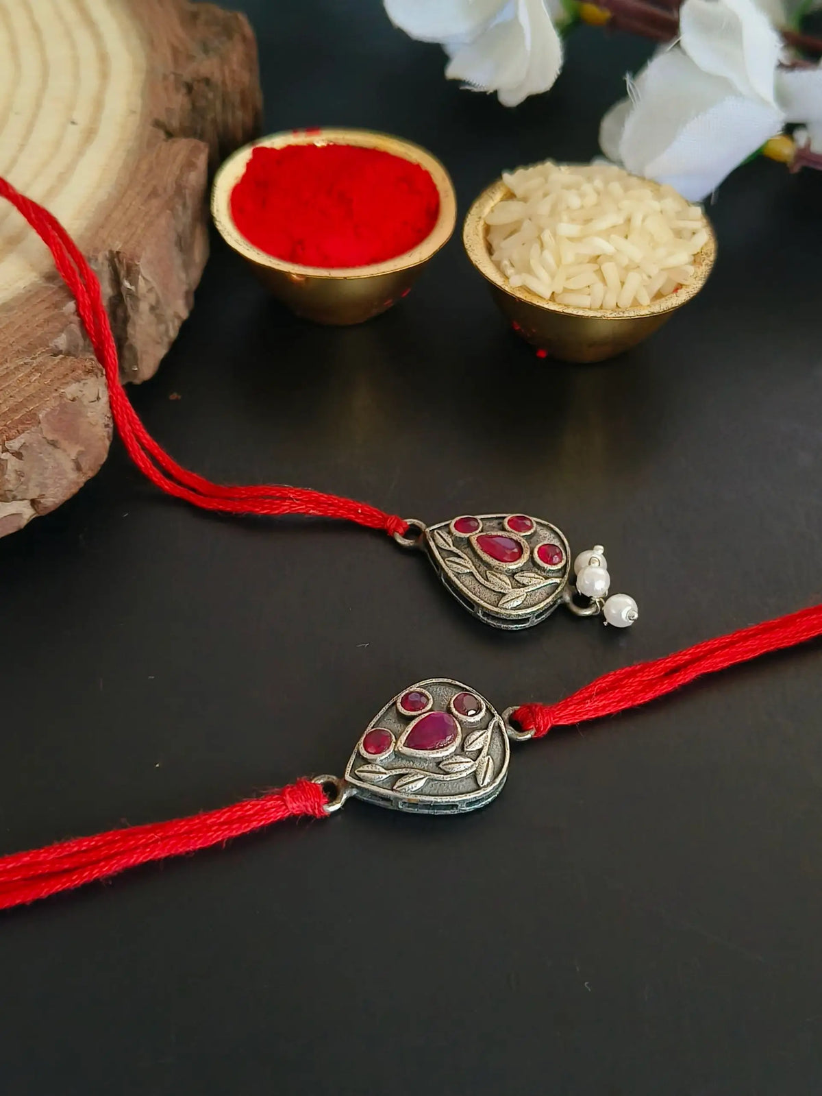 Silver Shine Red Stone Rakhi Combo | AMOLA