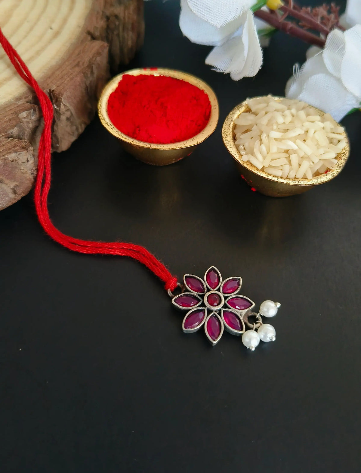 Ruby Pearl Floral Lumba Rakhi Charm | AMOLA