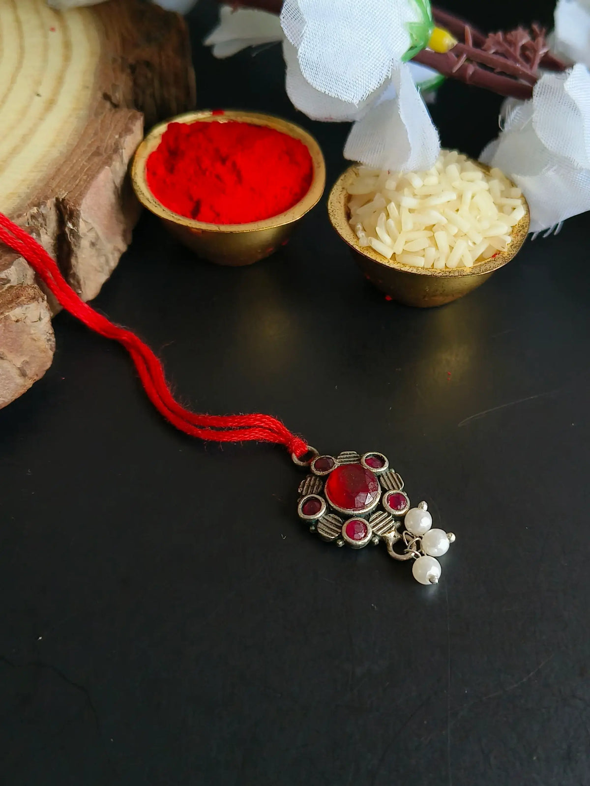 Oxidised Red Stone Bhabhi Rakhi with Pearls | AMOLA