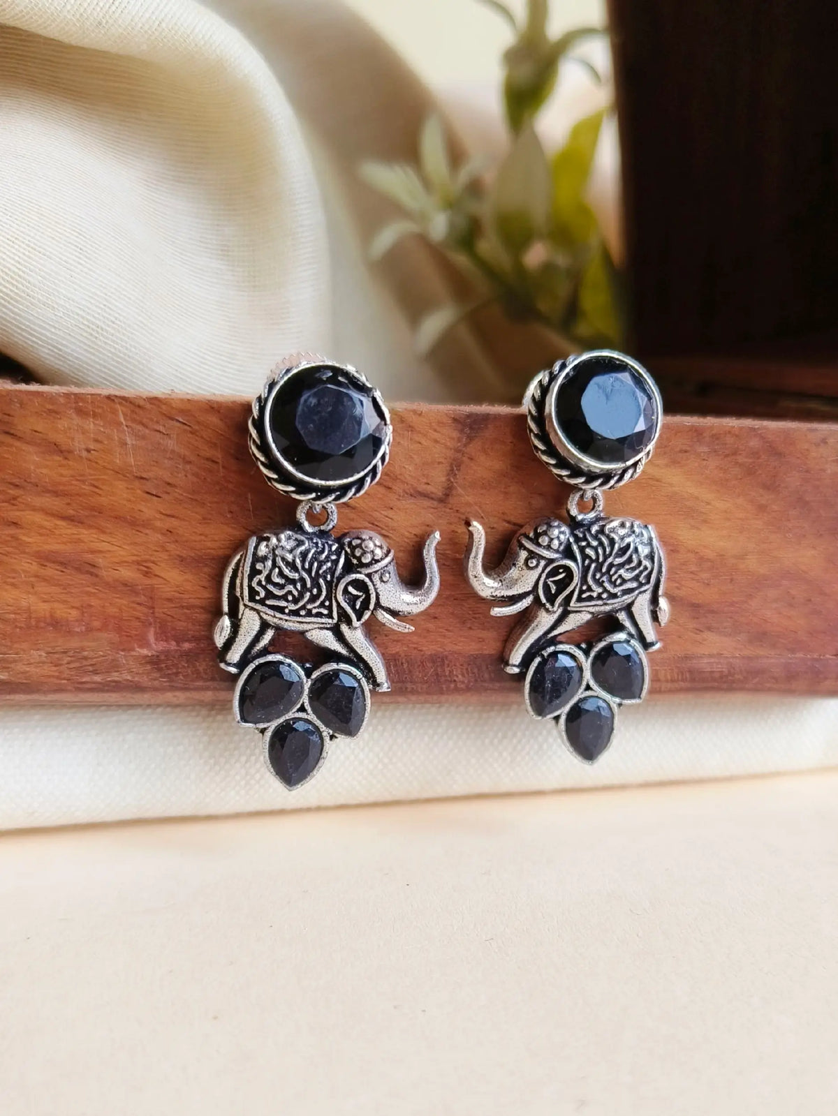 Brass Oxidised Elephant Dangler Earrings | AMOLA