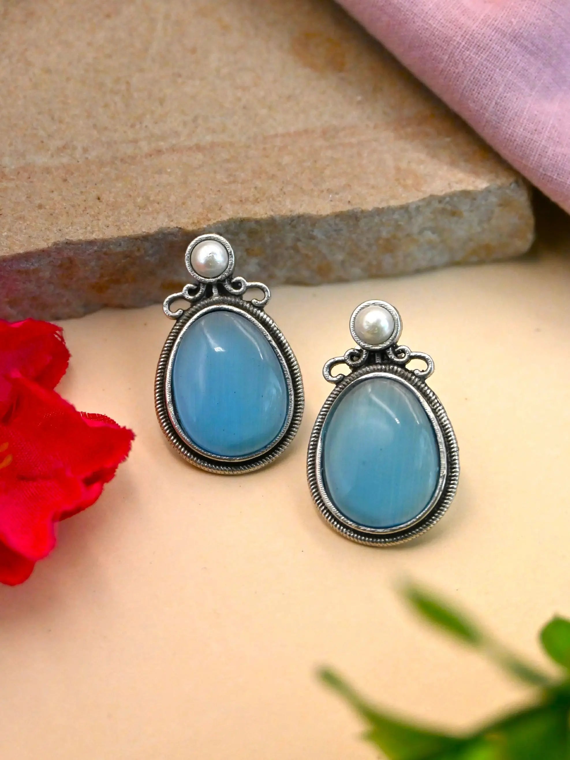 Elegant Oxidised Oval Monalisa Stud Earrings with Silver Polish | Sarichka
