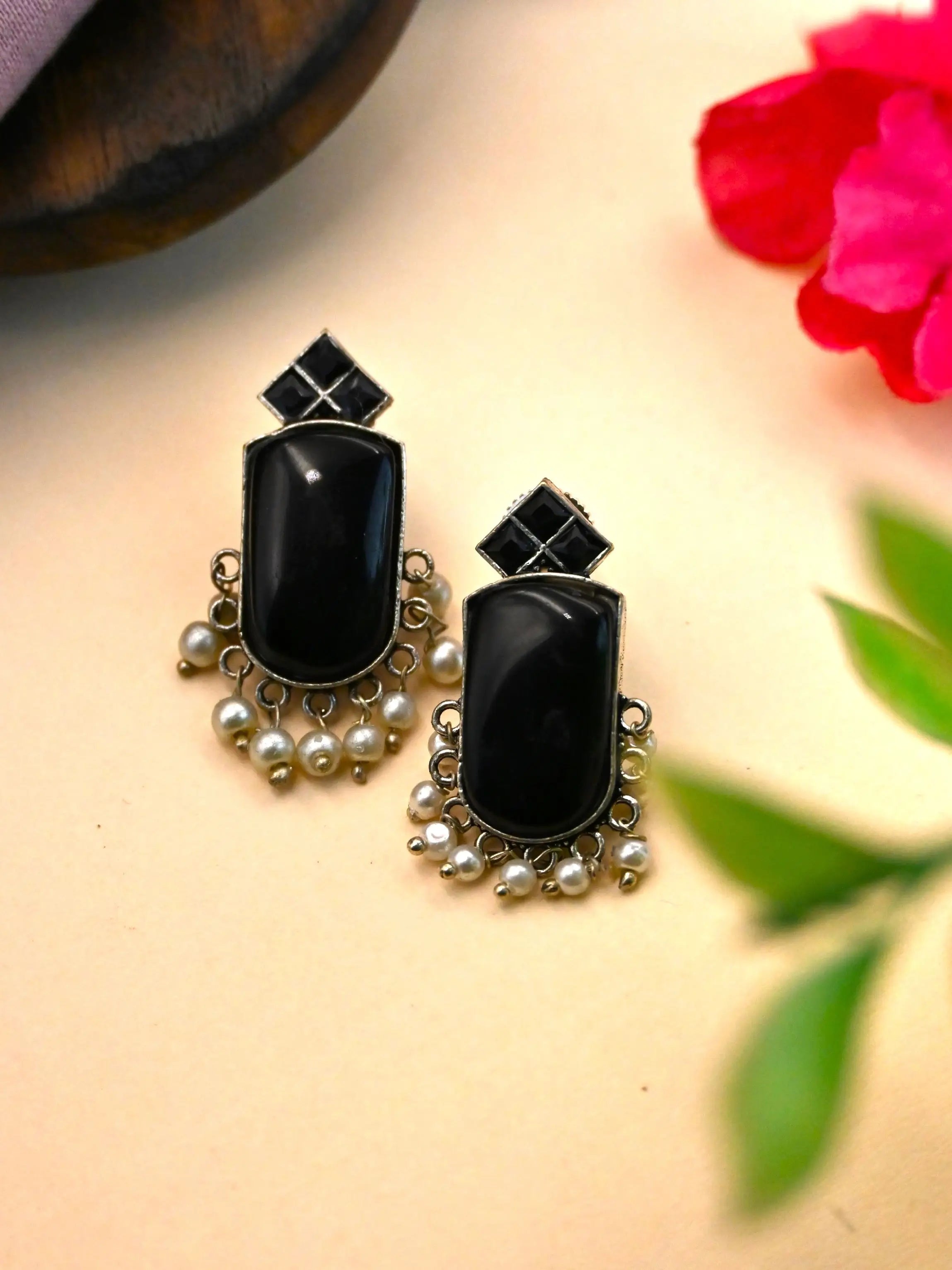 German Silver Monalisa Stud Earrings with Pearl Drops Elegance | Sarichka