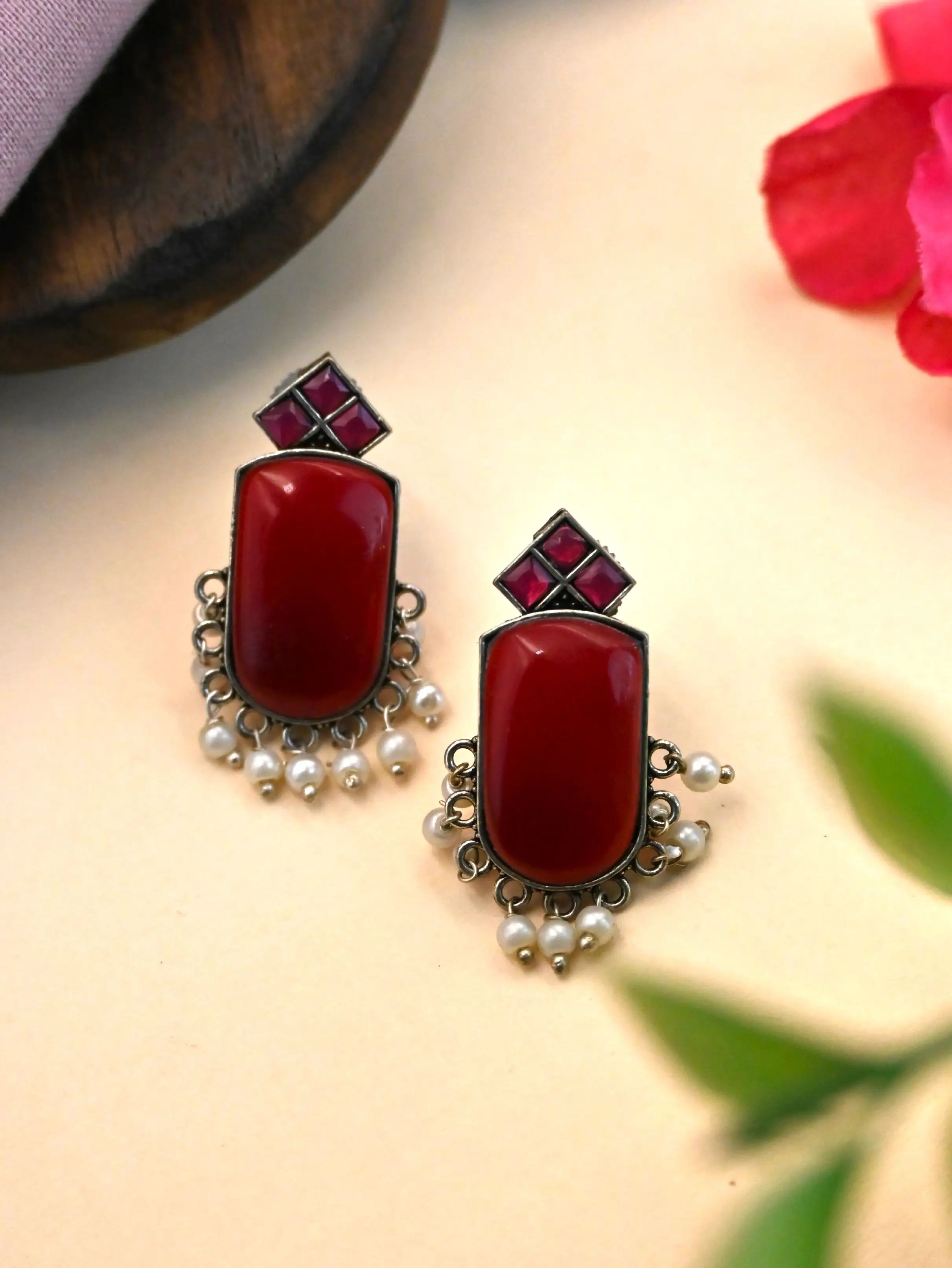 German Silver Monalisa Stud Earrings with Pearl Drops Elegance | Sarichka
