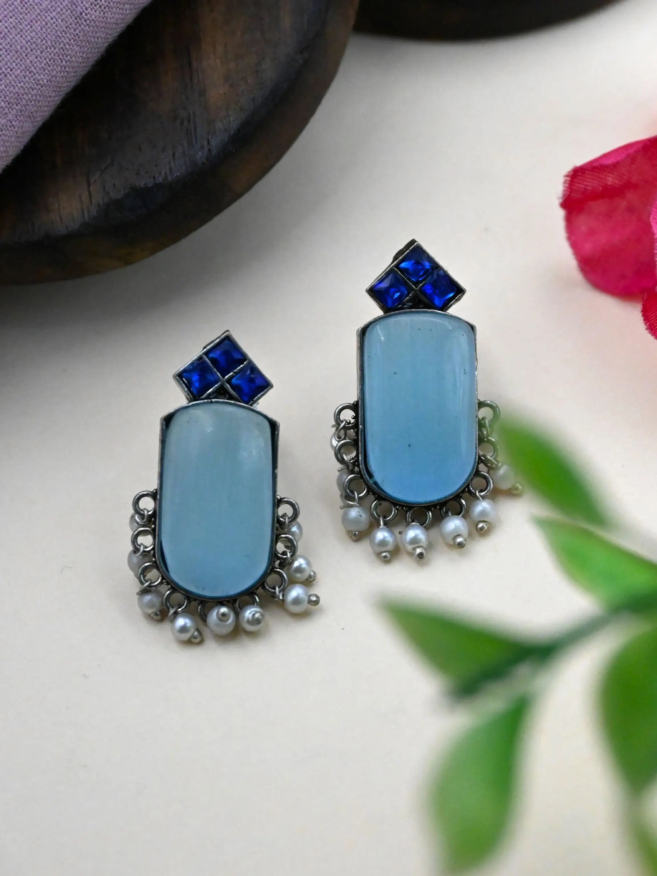 German Silver Monalisa Stud Earrings with Pearl Drops Elegance | Sarichka