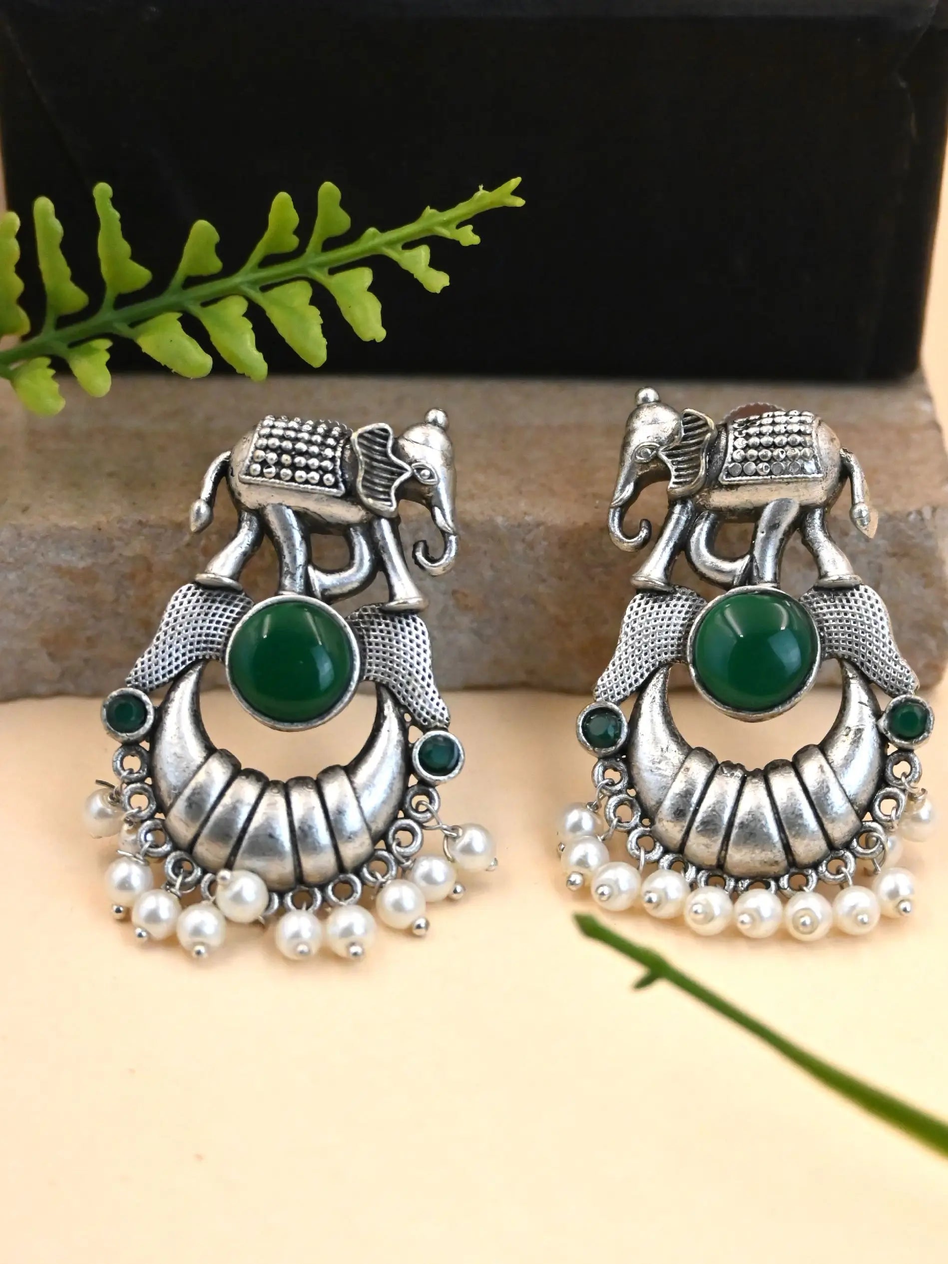 Broad Elephant Earrings with Monalisa Stone & Pearl Drops | Sarichka