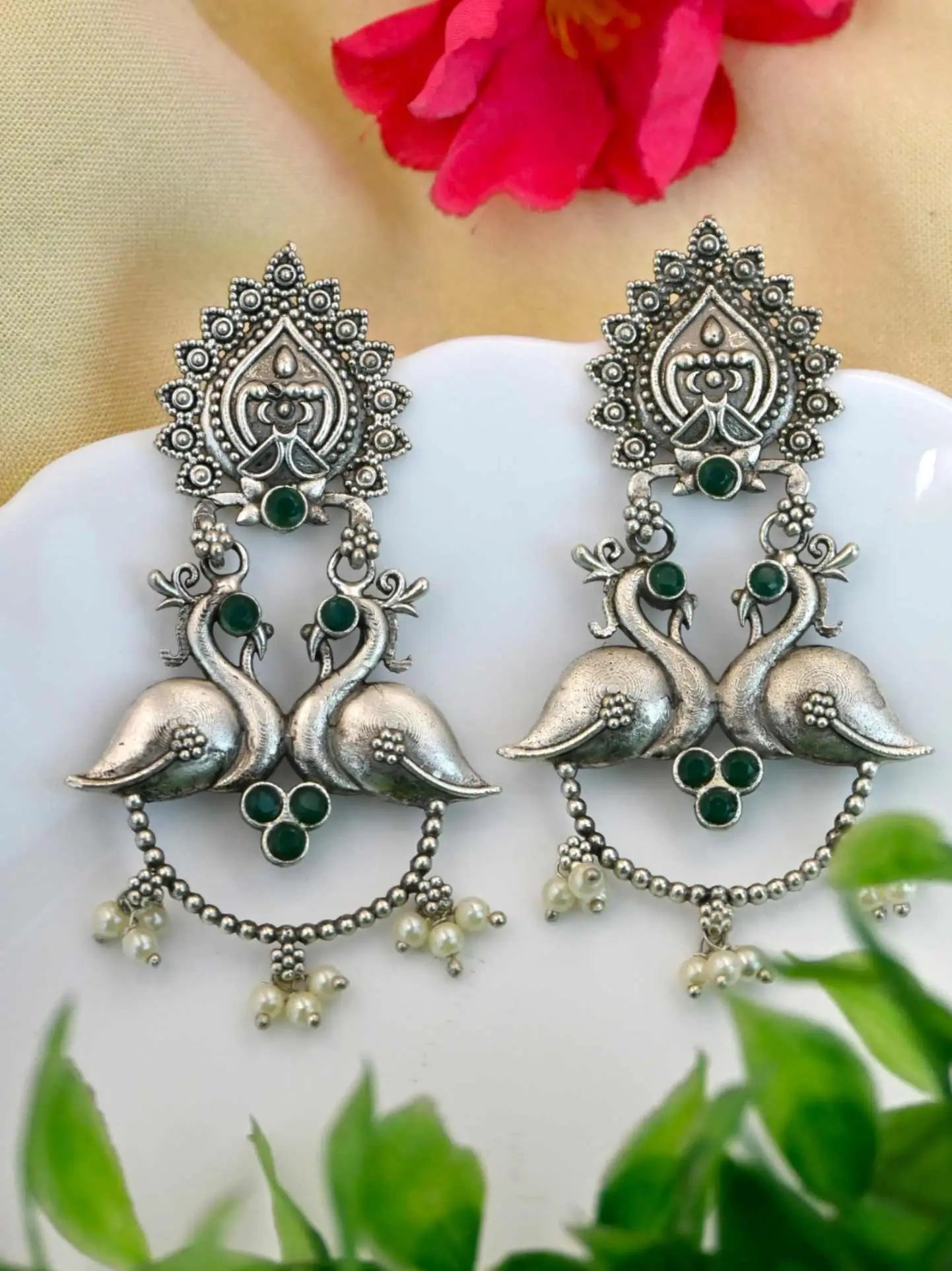 Antique Silver-Plated Peacock Dangler Earrings with Intricate Design | Sarichka