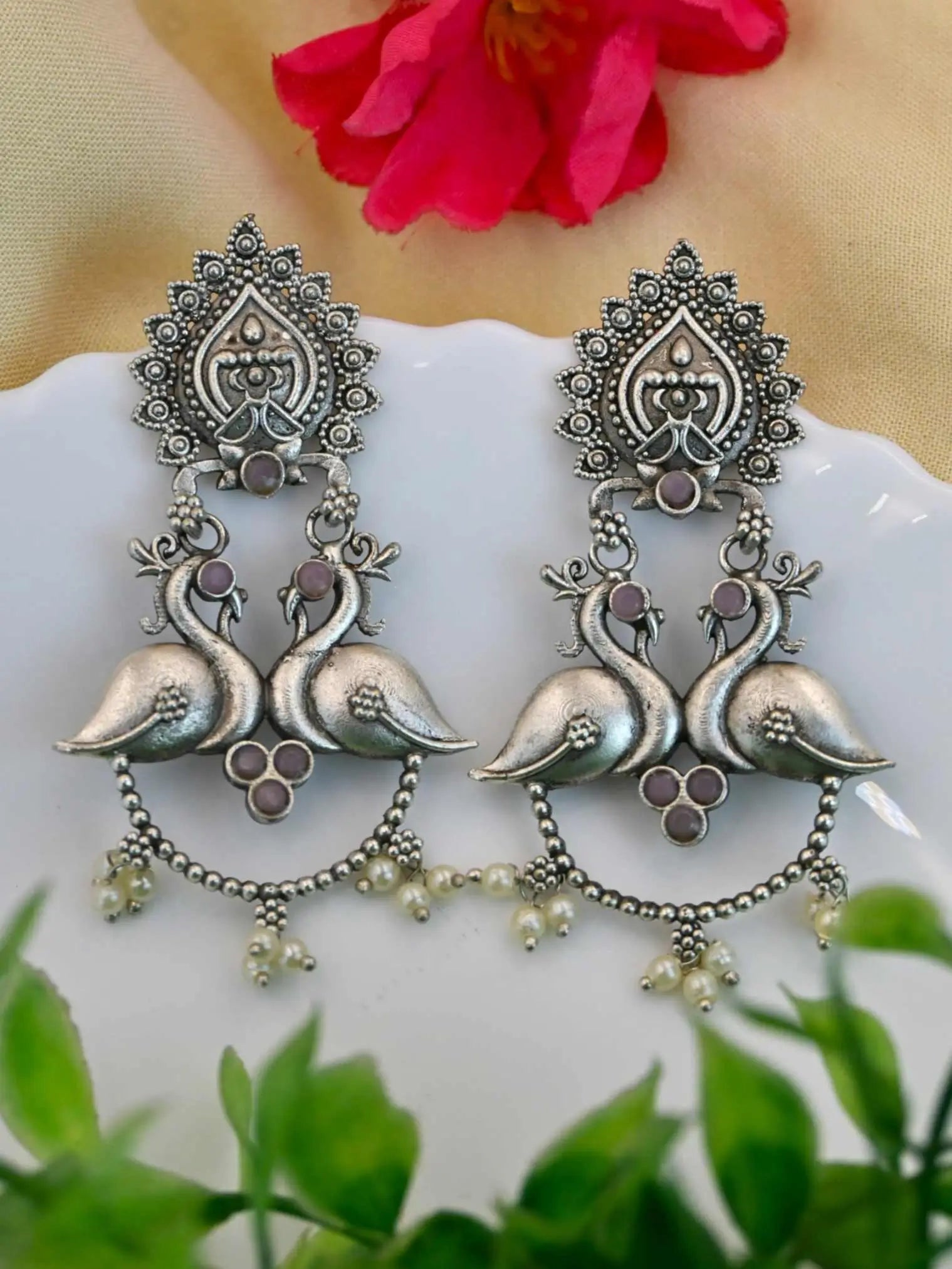 Antique Silver-Plated Peacock Dangler Earrings with Intricate Design | Sarichka