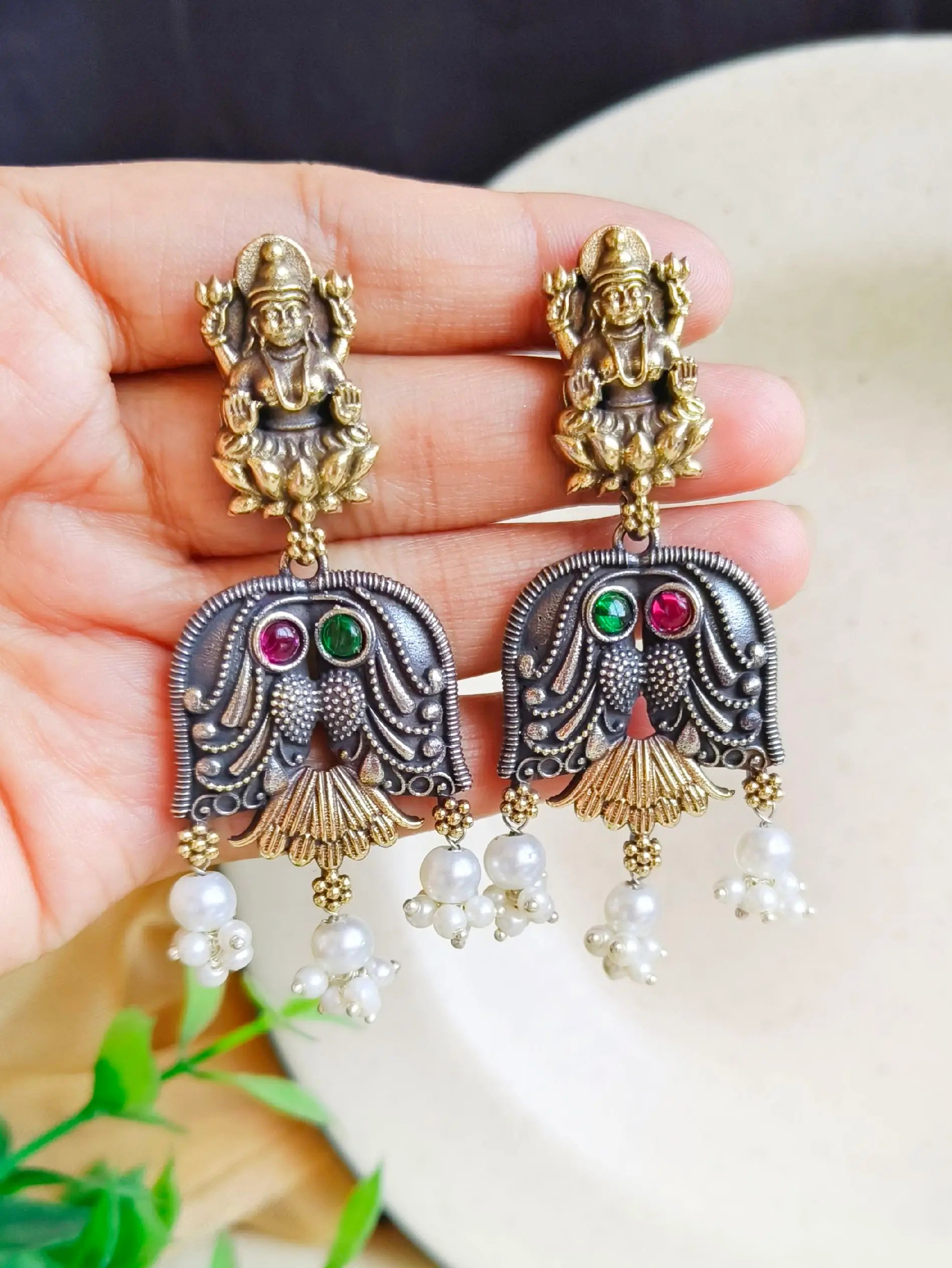 Divine Dual-Tone Goddess Dangler Earrings with Pearl Elegance | Sarichka